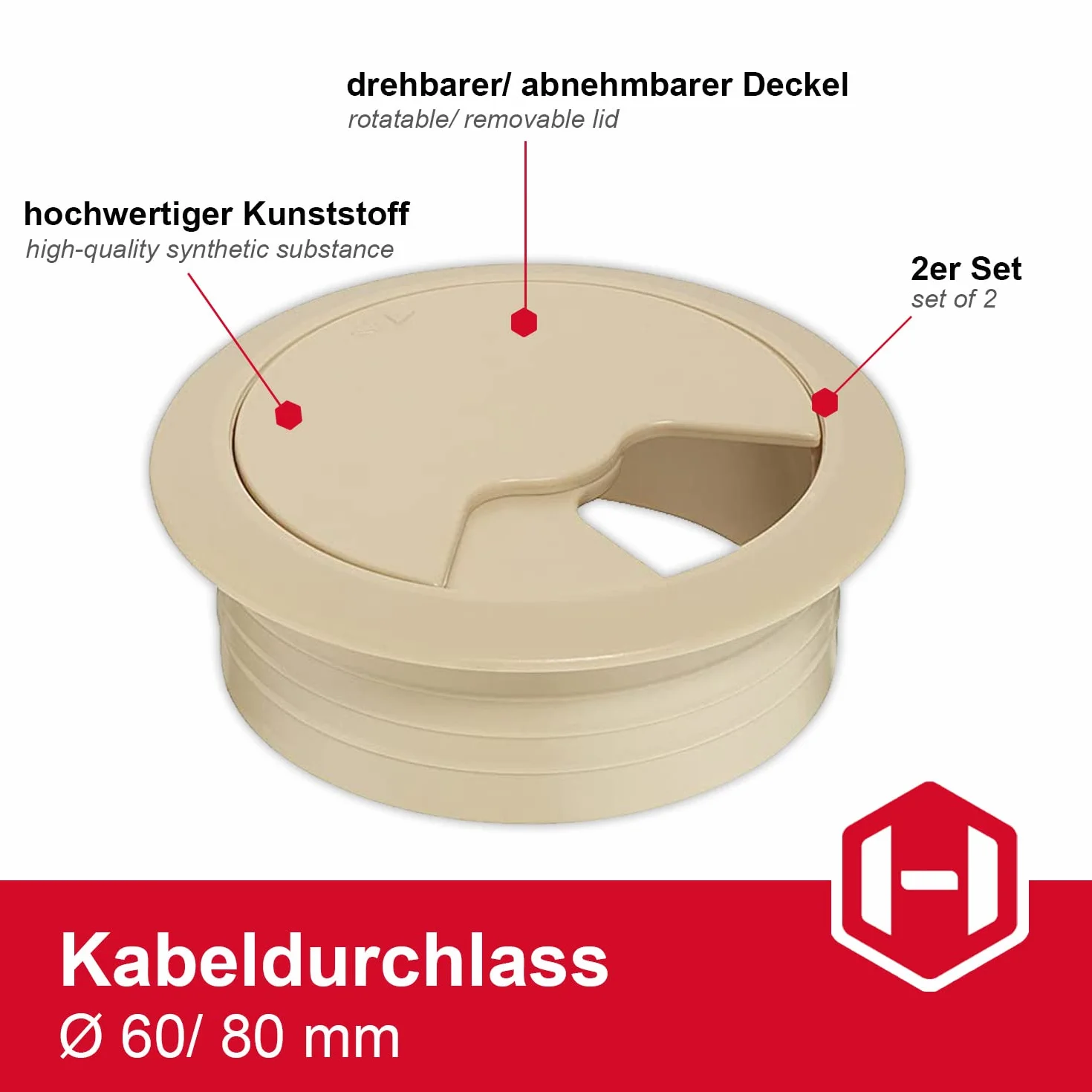 Gedotec Passe-câbles Bureau en Plastique ABS Robuste | 2 passages de câbles Ronds 80mm | Entry | Prise de câble Beige Mat | Passage de câbles à enfoncer | Passage de câbles Bureau