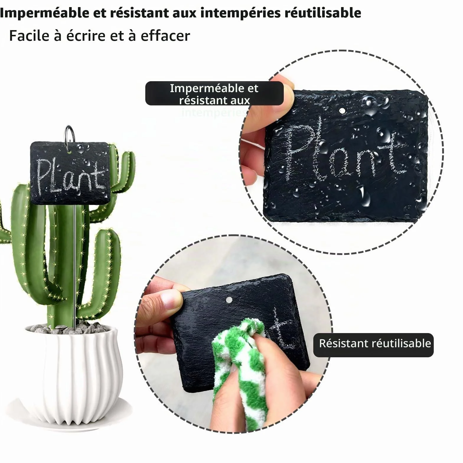 Étiquettes Plantes Ardoise Rectangulaires Lot de 12 avec Tige Métal Imperméables Extérieur Marqueurs Jardin Réutilisables Stylo Craie