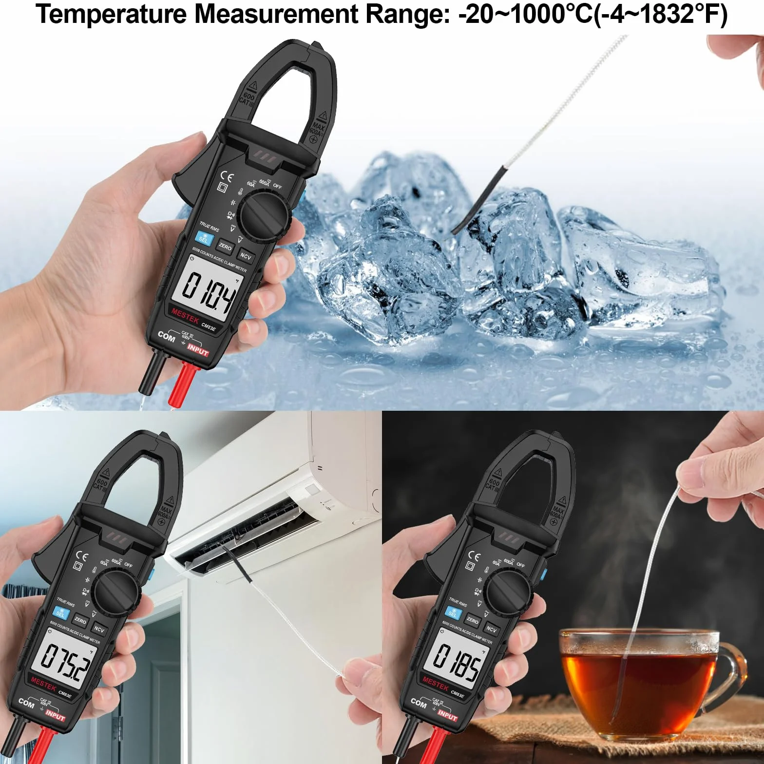 Pince Ampèremétrique Numérique AC DC MESTEK 0-600A Multimètre Clamp Automatique T-RMS Voltmètre Tester Mesure Courant/Tension/Température/Diode/Continuité/Résistance/Fréquence/Capacité NCV VFD Low-Z