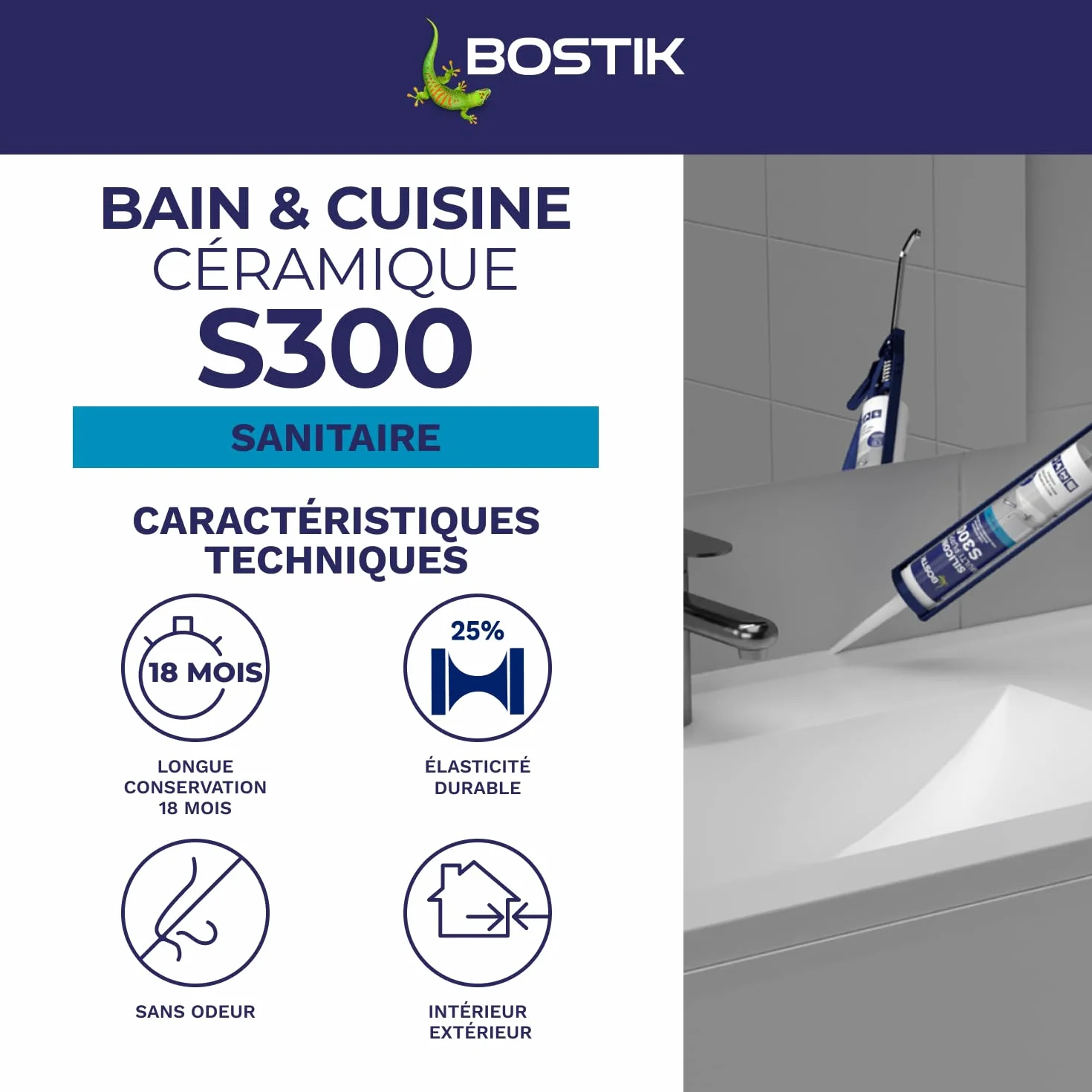Bostik S300 – Mastic Silicone Etanchéité Bain et Cuisine – Traité Anti Moisissure – Facile à Lisser – Résiste aux Produits d'Entretien – Blanc – Cartouche de 300 ml