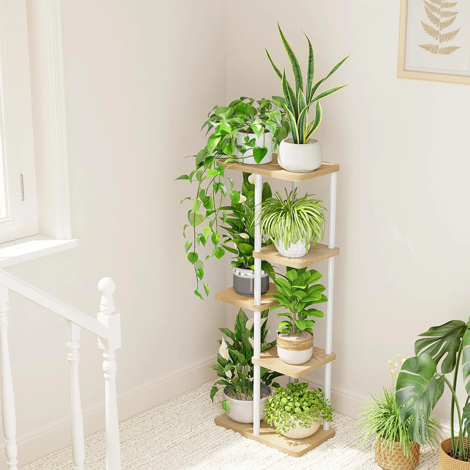 Bamworld Support Plantes Intérieur 5 Niveaux Métal Étagère à Fleurs d'Angle Blanc