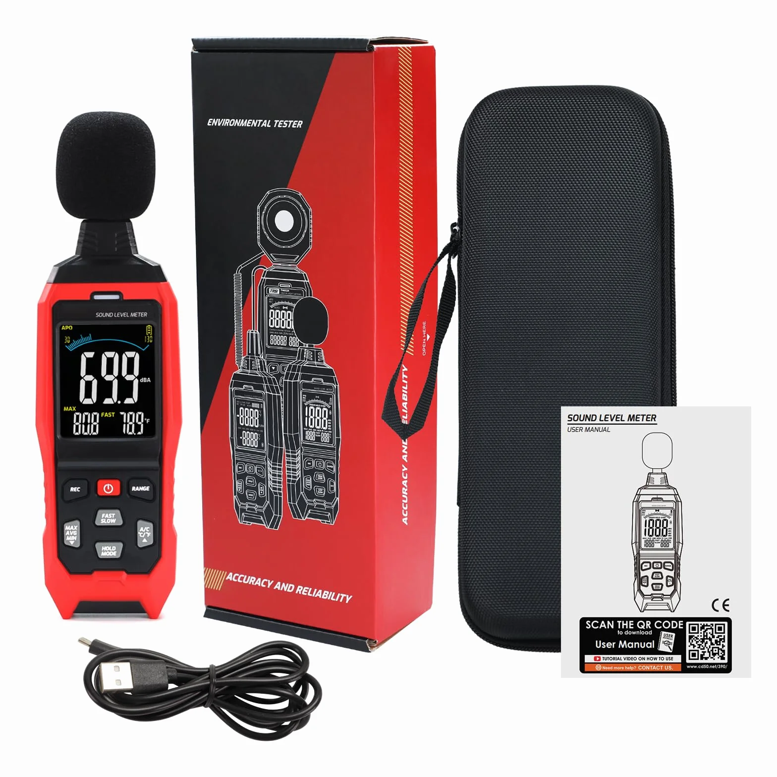 Sonomètre de décibels, sonomètre de mesure de niveau sonore, sonomètre de classe haute précision avec pondération A/C/Z, sonomètre de bruit avec enregistrement 30-130 dB, sonomètre de décibels avec