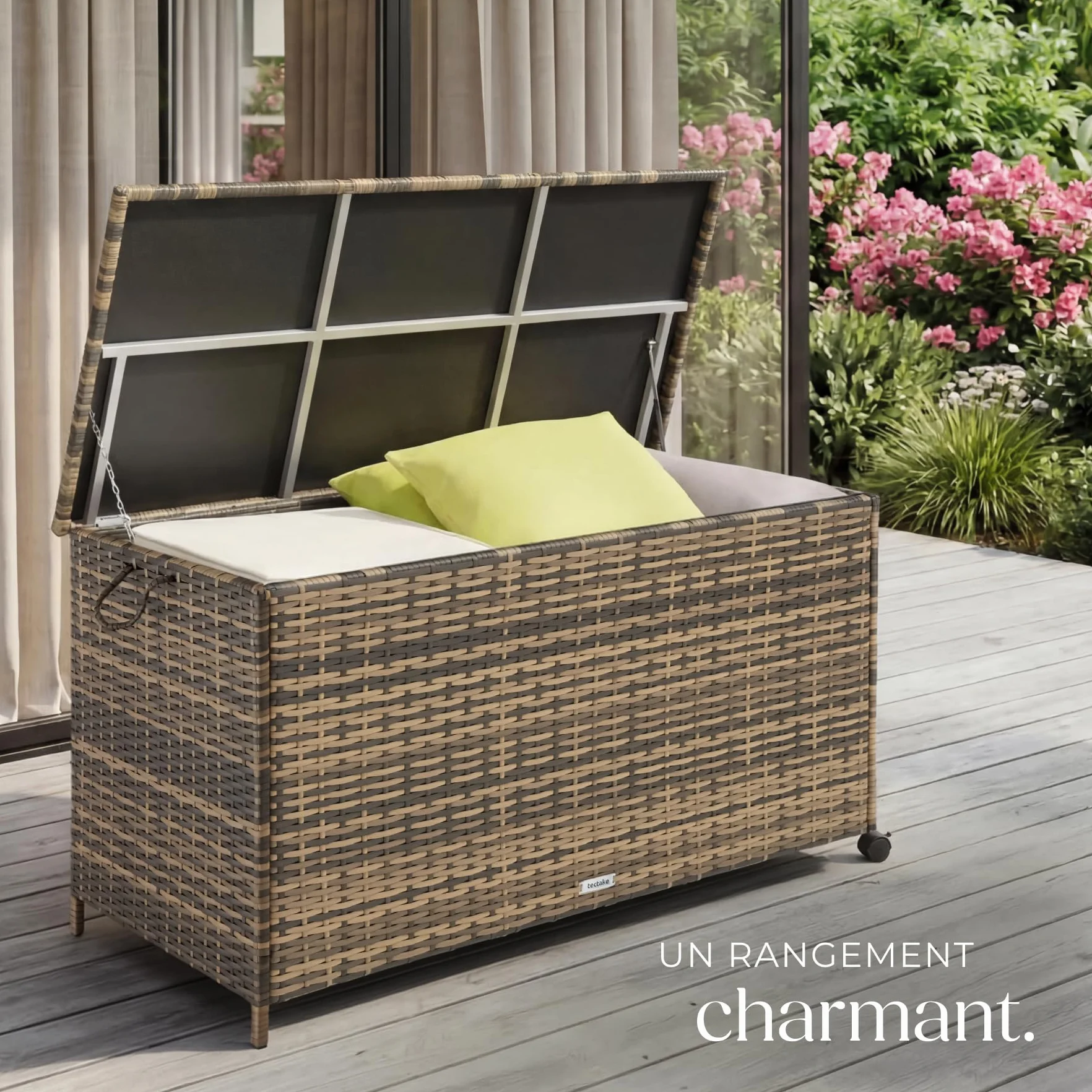 tectake Coffre de rangement exterieur en rotin 116 x 54 x 64 cm 253L Aluminium 2 Roulettes pivotantes Frein de blocage
