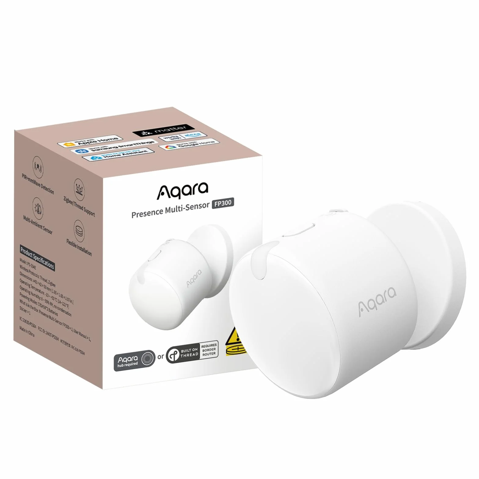 Aqara Détecteur de Présence sans Fils 5-en-1 FP300, Thread/Zigbee,Radar mmW+PIR,Détection de Mouvement/Présence/Lumière/Température/Humidité,Compatible avec Apple Home,Alexa,Home Assistant,Google