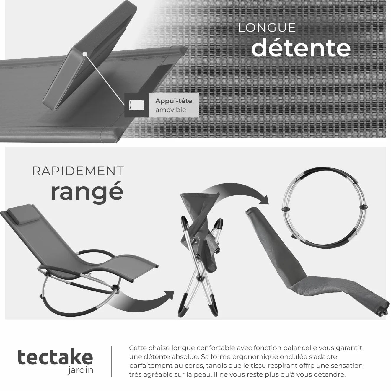 tectake Chaise Longue Pliante Bain de Soleil Jardin Exterieur Cadre Acier Aluminium Transat Plage Relax Camping
