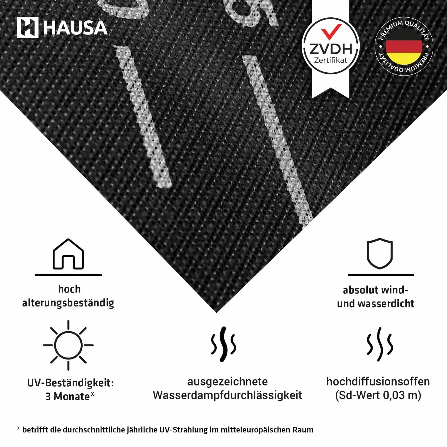 HAUSA membrane de sous-toiture Premium HU150 150g/m² 75m² (1,5mx50m) classe UDB-A/USB-A selon ZVDH, résistante à la pluie et ouverte à la diffusion, résistante aux UV, sans bande adhésive