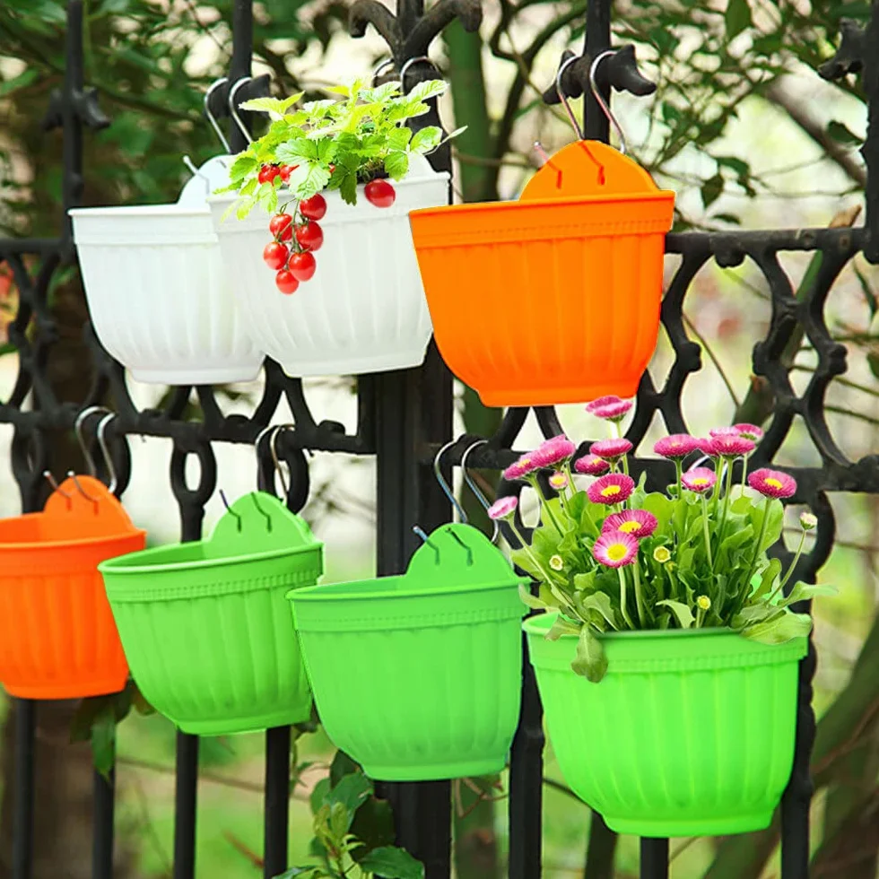 Pots de fleurs à suspendre en plastique avec drainage et crochets, lot de 2, vert