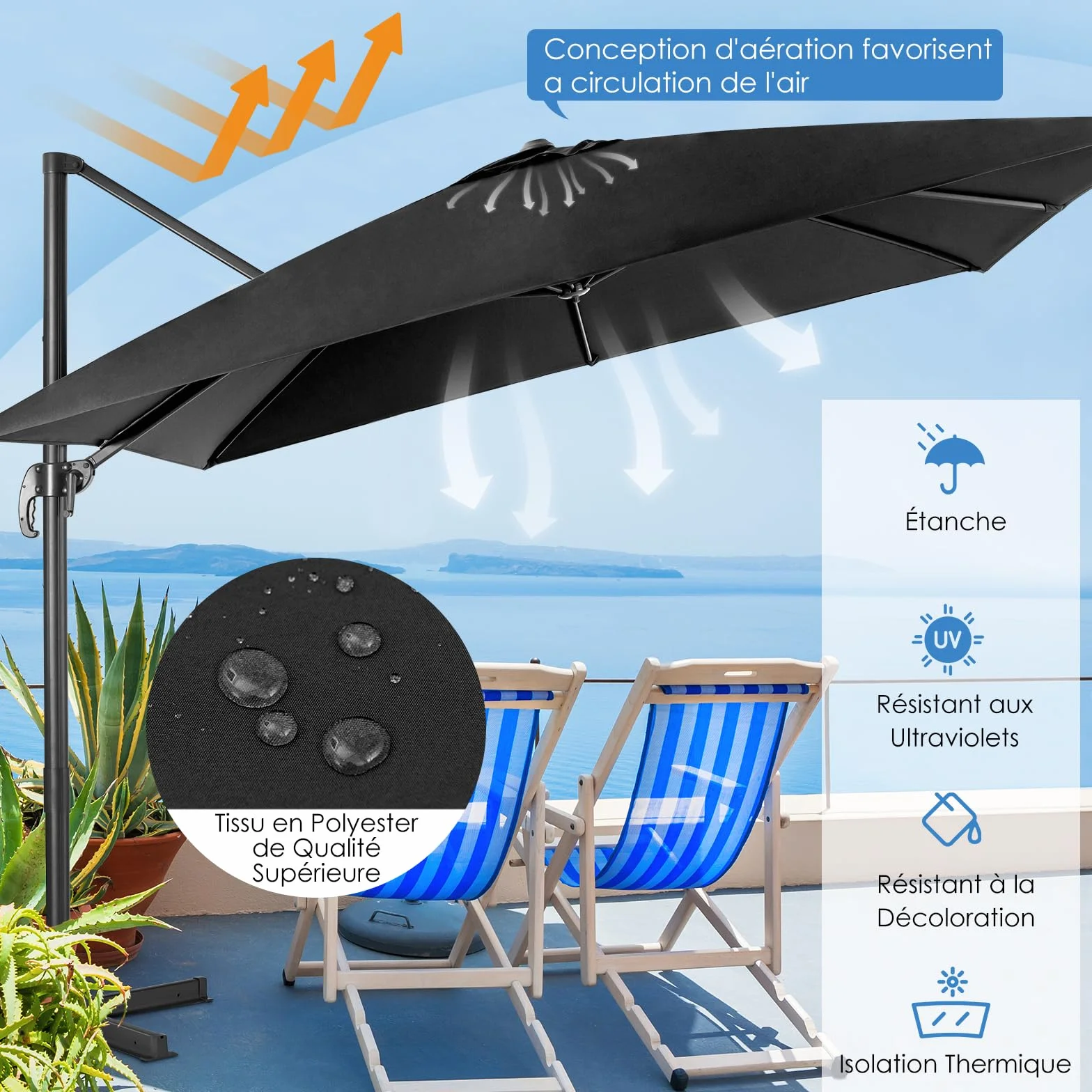 RELAX4LIFE Parasol Déporté Rectangulaire 3x3M Inclinable Rotative 360° Pédale Polyester Anti-UV Jardin Exterieur Noir