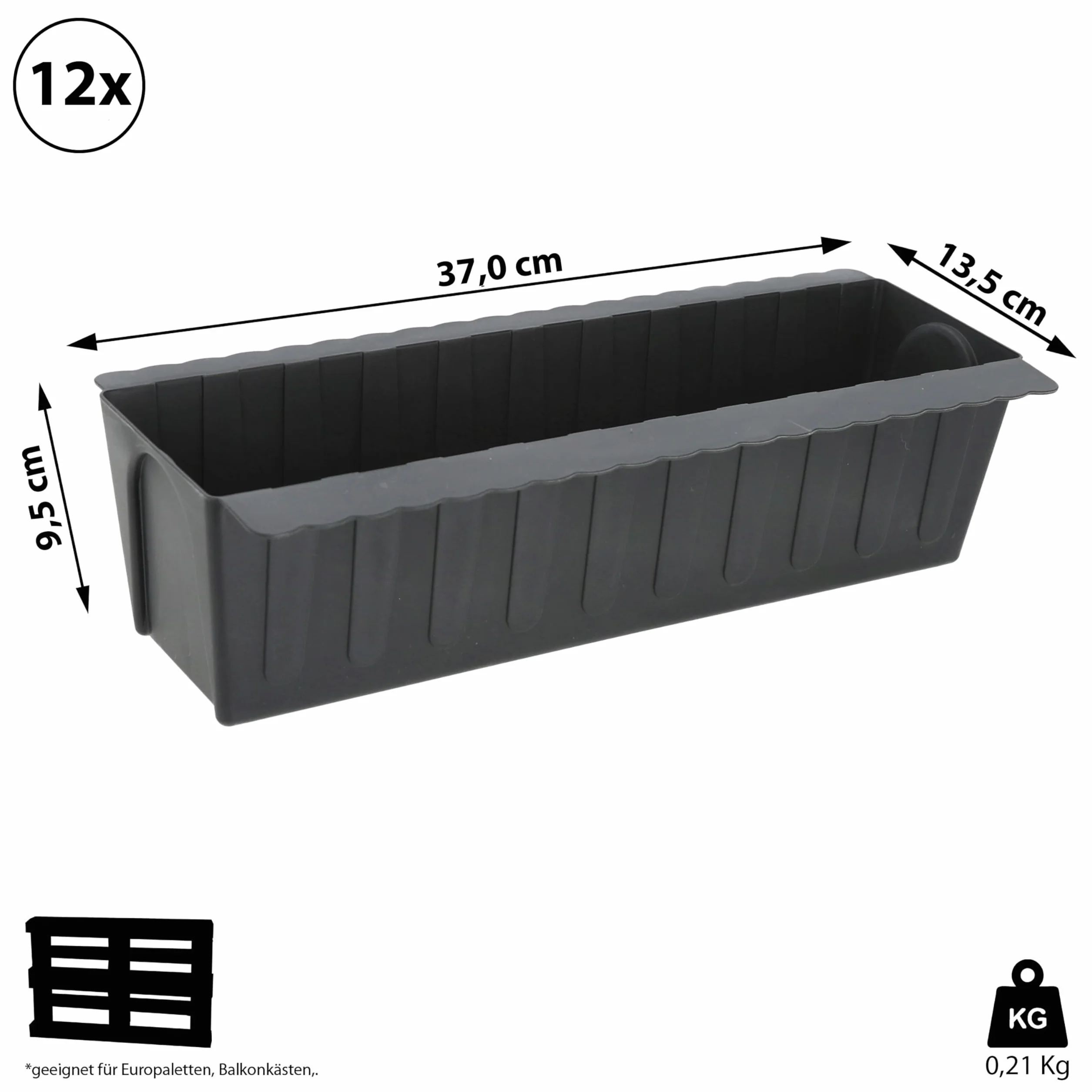 Lot de 12 jardinières ondulées en plastique 37 x 9,5 x 13,5 cm pour plantations palettes européennes
