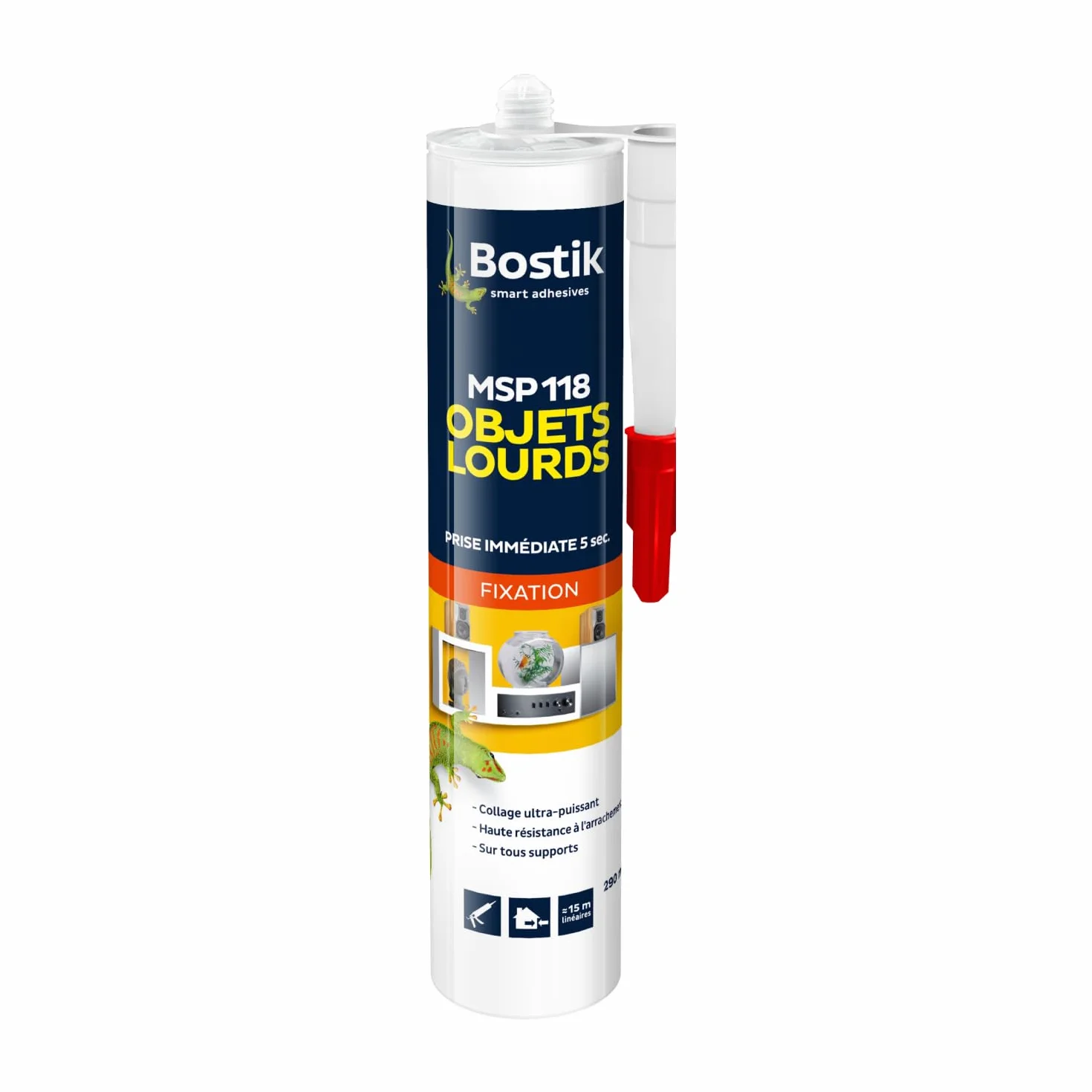 Bostik Mastic Colle de Fixation MSP 118 – Objets Lourds – Intérieur/Extérieur – Tous Supports – Prise Immédiate en 5 Secondes – Formule Hybride Polymère – Solvant – Couleur : Blanc – 290 ml