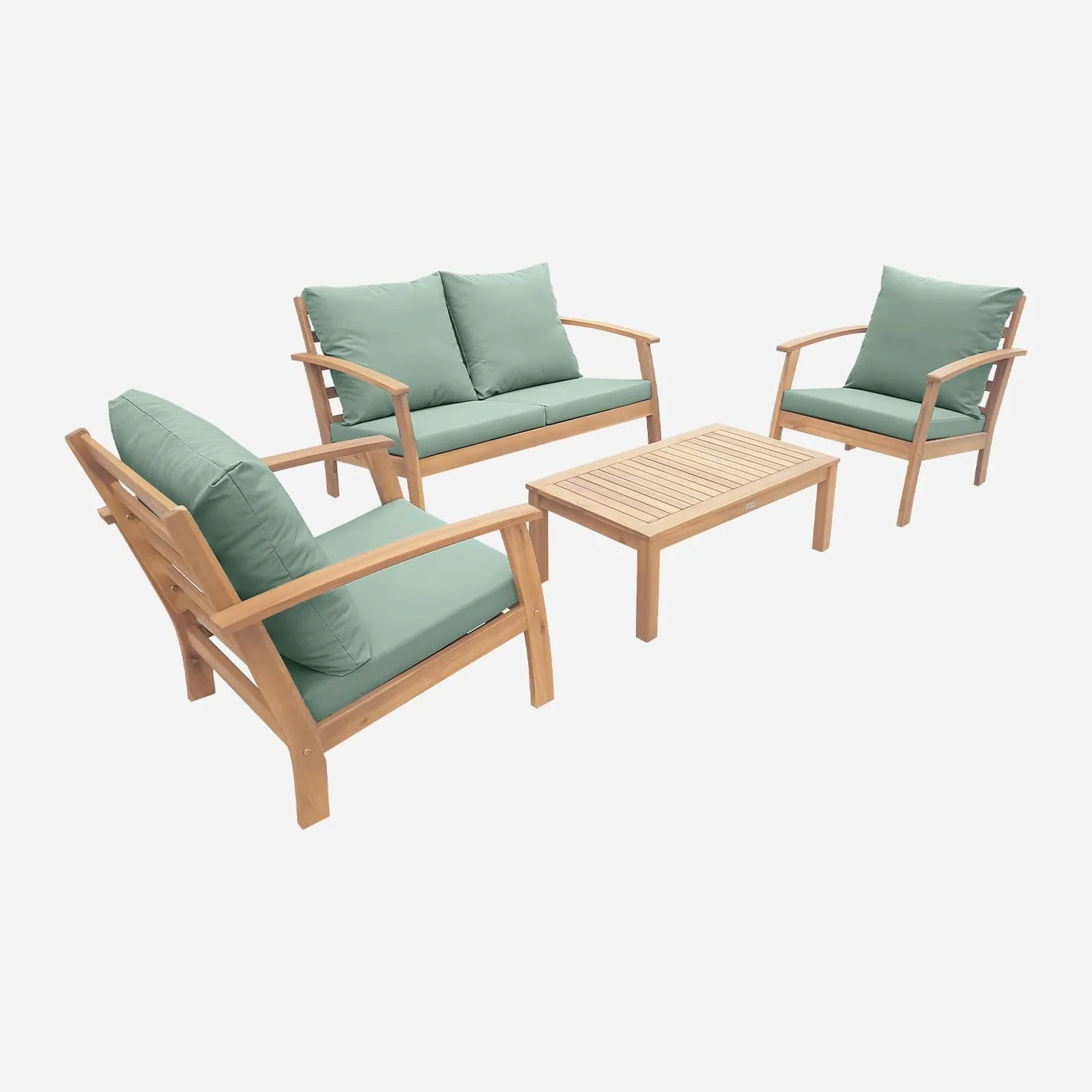 Alice's Garden Salon de Jardin en Bois 4 Places Ushuaïa Coussins Vert de Gris Table Basse Acacia Design