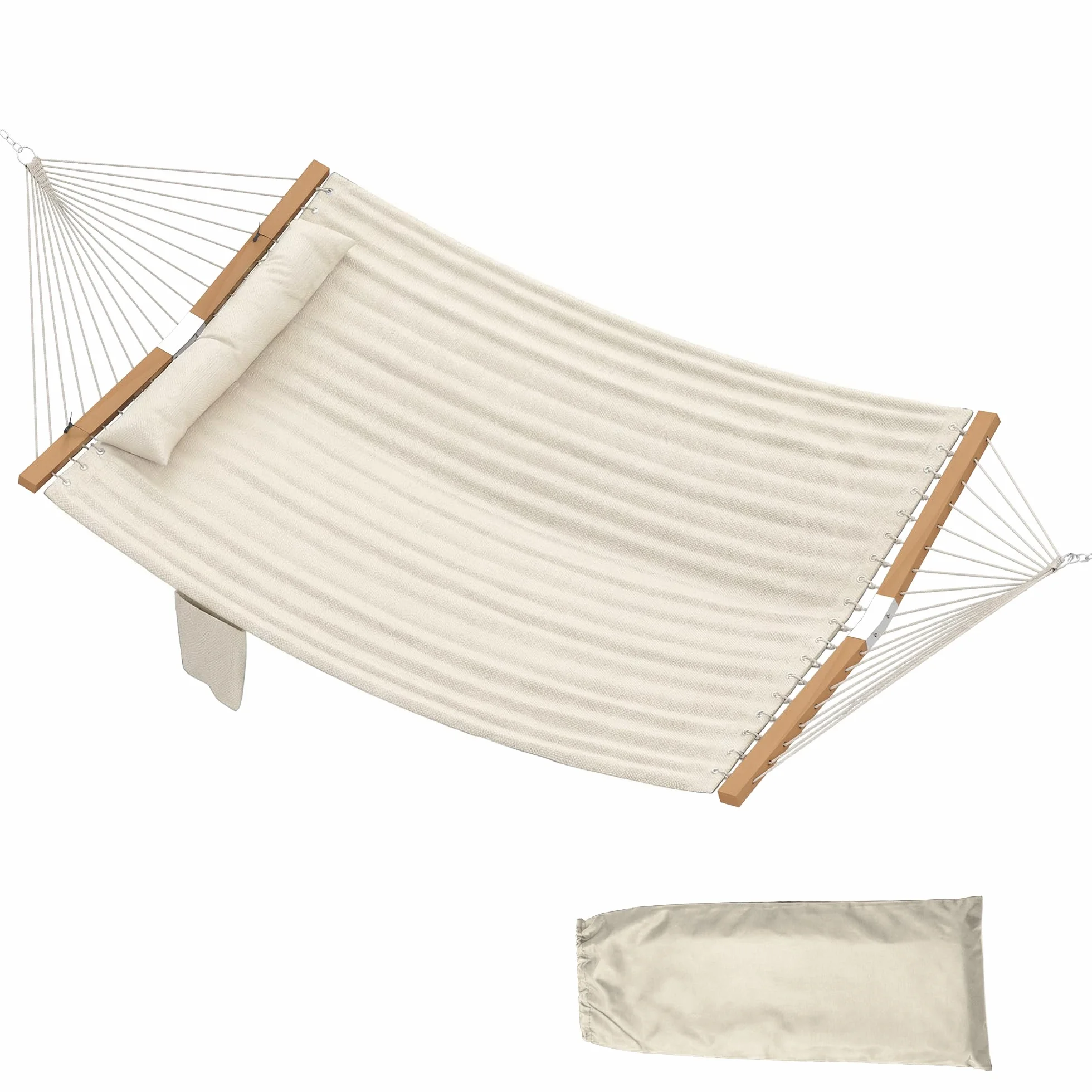 Outsunny Hamac Suspendu 325 cm avec Oreiller Extra-Long, Tissu Matelassé, Barres Anti-basculement Hêtre Courbées