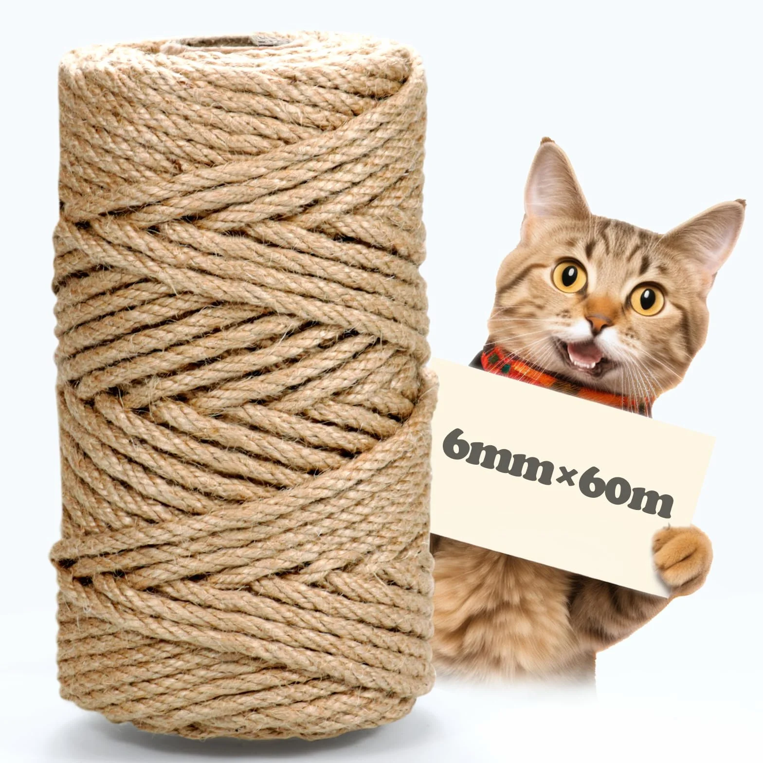 Corde en sisal pour Arbre à Chat, 6 mm x 60 m, Corde en sisal Naturel, Corde à griffer, Renouvellement Griffes Chat - DIY Bricolage