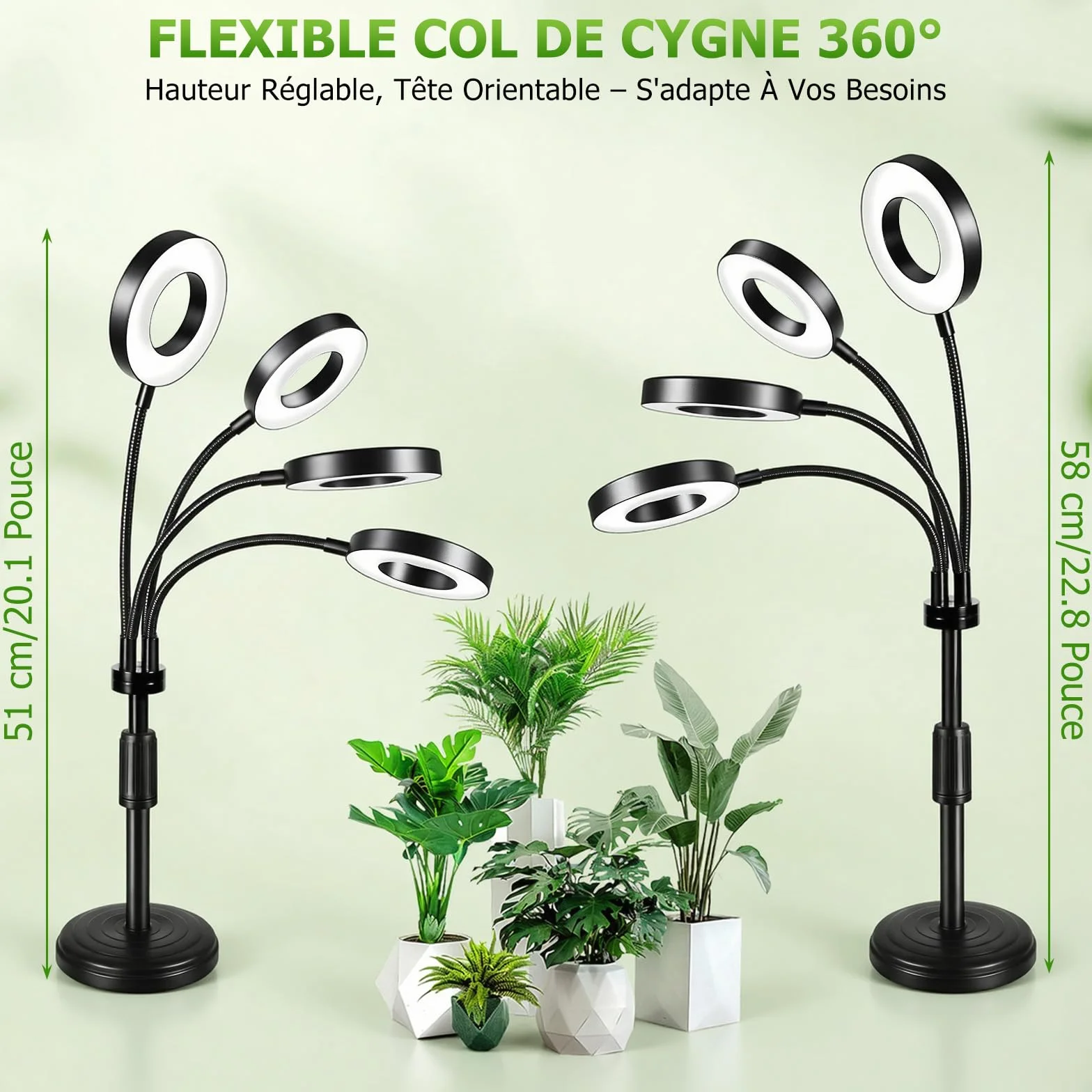 Lampe Horticole LED Plein Spectre 100 LEDs avec Minuterie 4/8/12H 4 Bras Col de Cygne Flexible