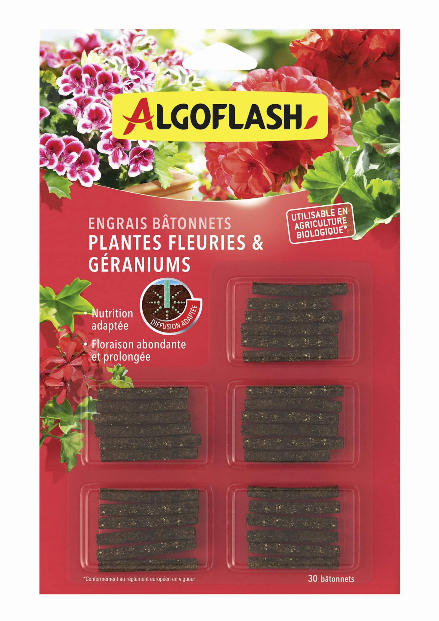 Algoflash Bâtonnets Engrais Géraniums Plantes Fleuries Biologique 30 Bâtonnets