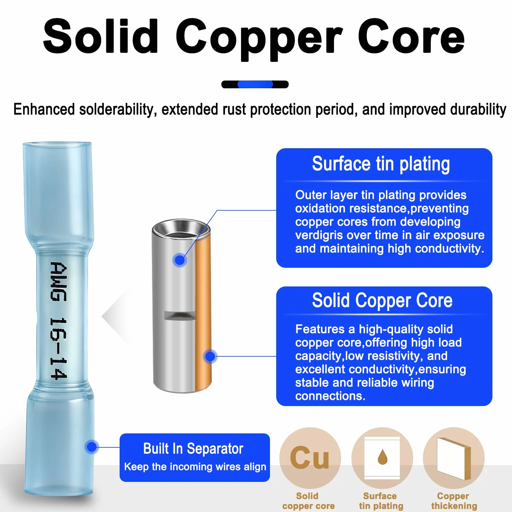 Heschen Lot de 100 connecteurs à sertir isolés thermorétractables BHT2 de 1,5 à 2,5 mm² (16-14 AWG) pour câble électrique Bleu