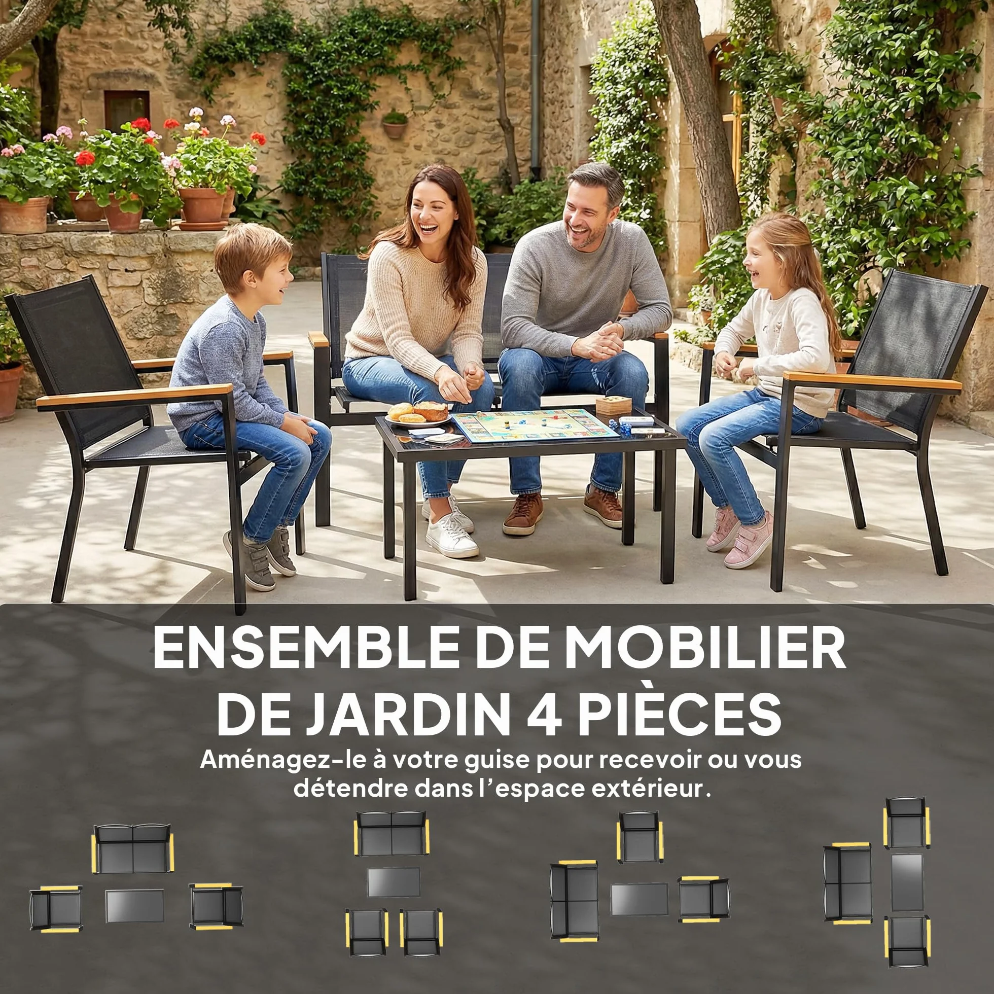 Outsunny Salon de Jardin extérieur 4 pièces canapé 2 Places chaises Table Basse Verre trempé Noir