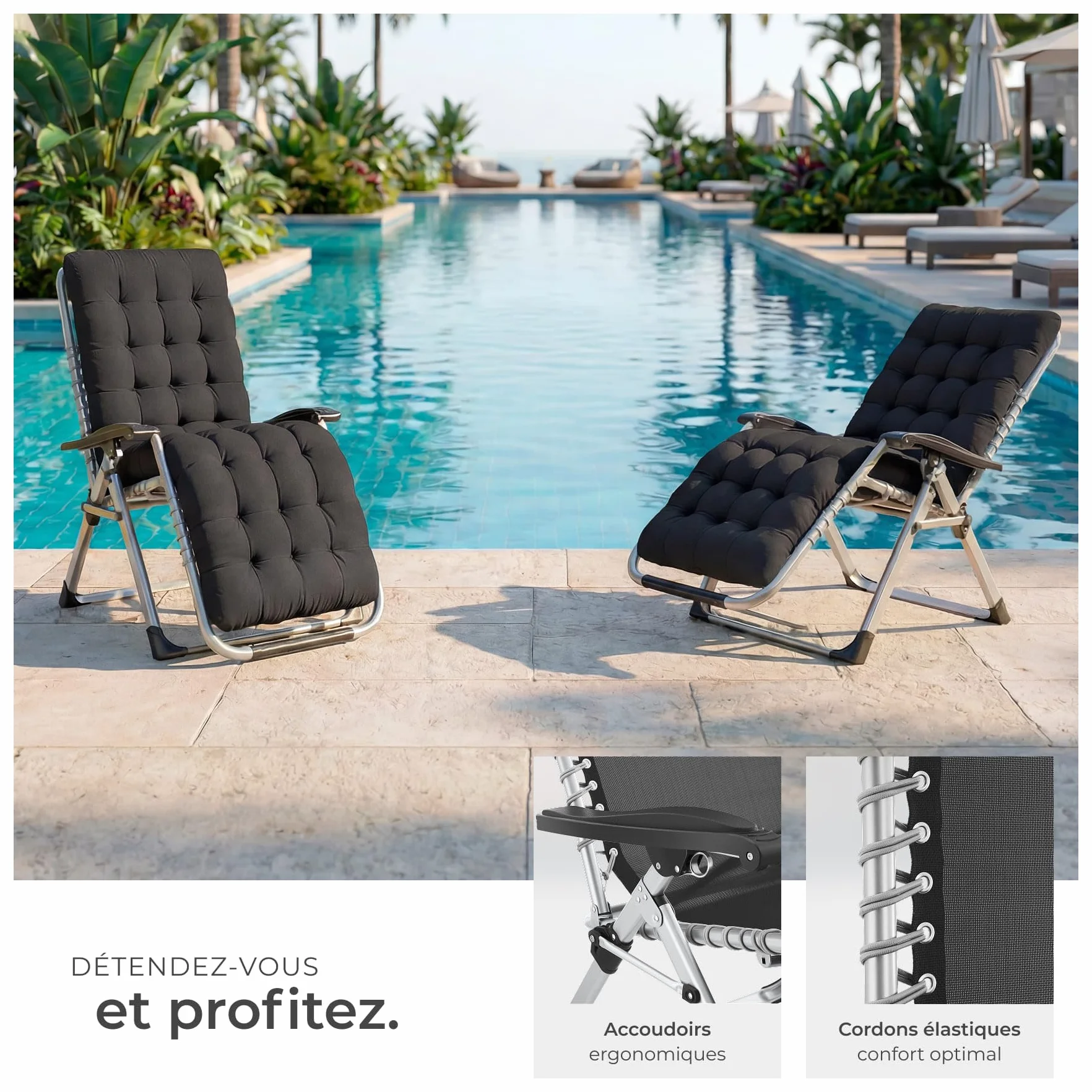 Tectake Fauteuil de Jardin Pliable avec Rembourrage, Repose Pieds, Accoudoirs, Appuie-tête Amovible, Structure Acier époxy