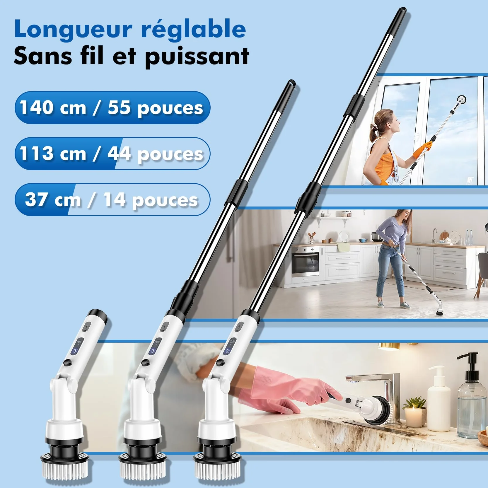 Brosse Nettoyage Electrique Rotative -Brosse de Nettoyage Electrique avec 8 Têtes, 3 Vitesses Manche Extensible Rechargeable Brosse Nettoyage pour Salle de Bain, Cuisine et Voiture