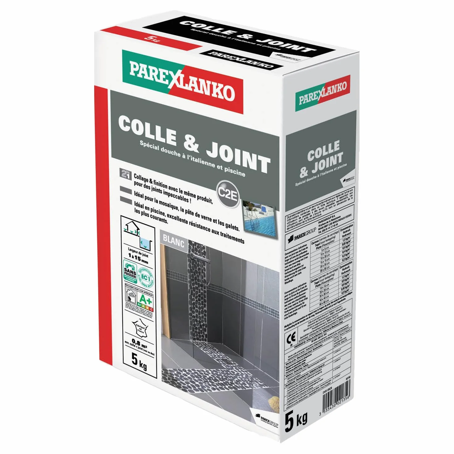 Parexlanko - Colle & Joint - Spécial Douche à l 'Italienne et Piscine - 2 en 1- Collage & Finition - Blanc - Joints de 1 à 15 mm - 5 kg