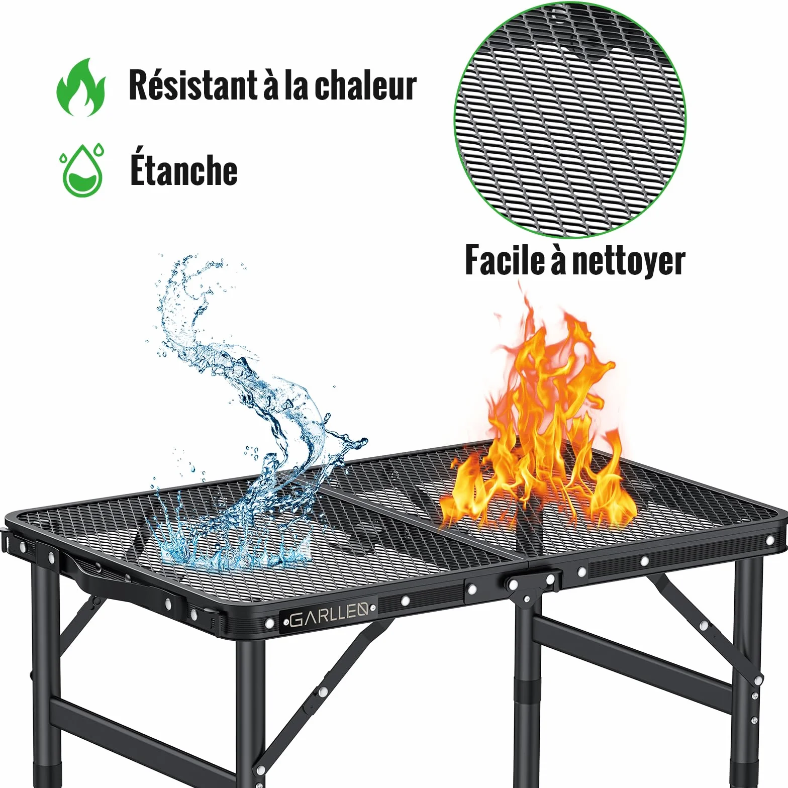 GARLLRN Table de Barbecue Pliante 0,6m 3 Hauteurs Réglables 26/48/70cm Camping Légère Maille Résistante à la Chaleur
