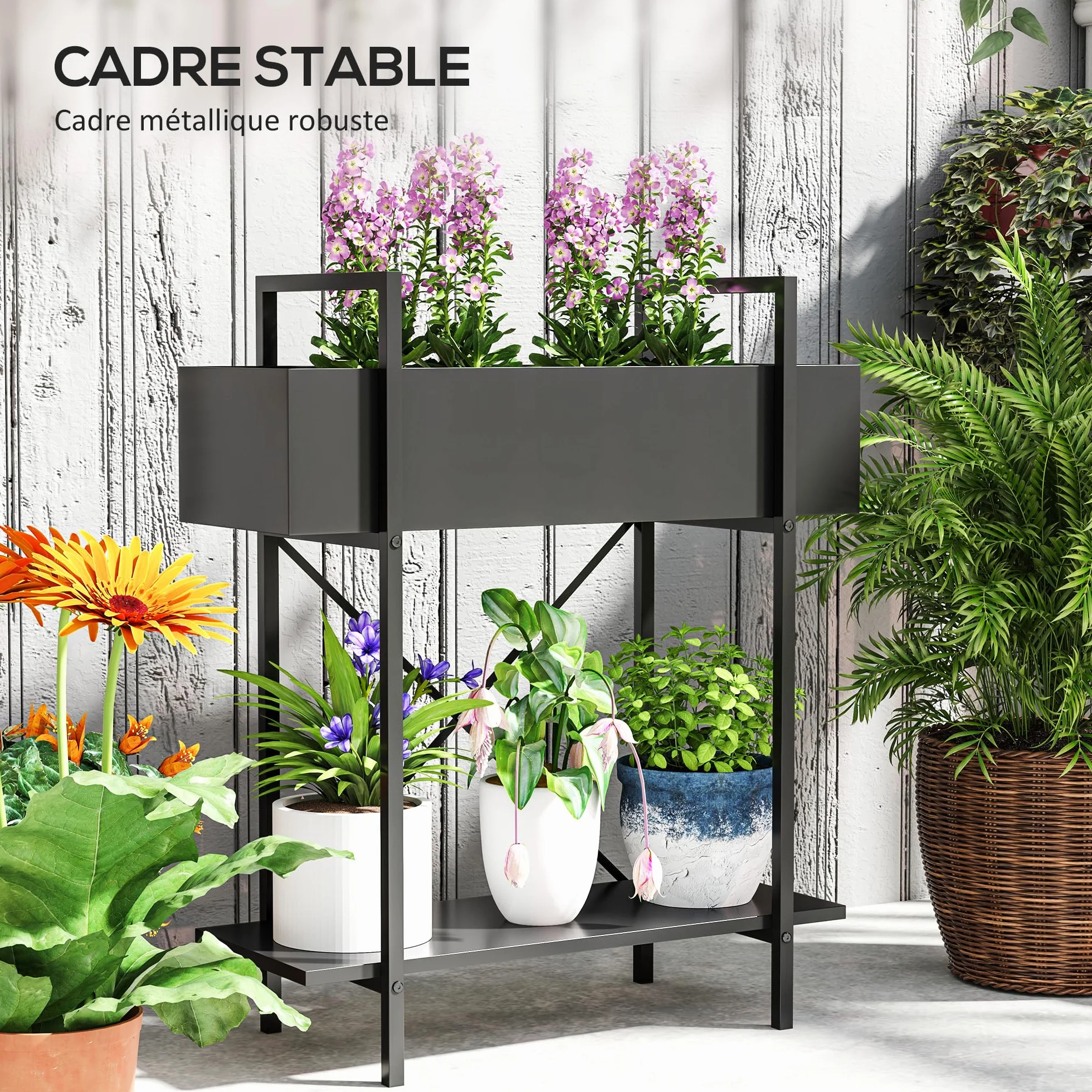 Outsunny Support plantes interieur 2 niveaux, porte plante en métal avec trous de drainage, noir