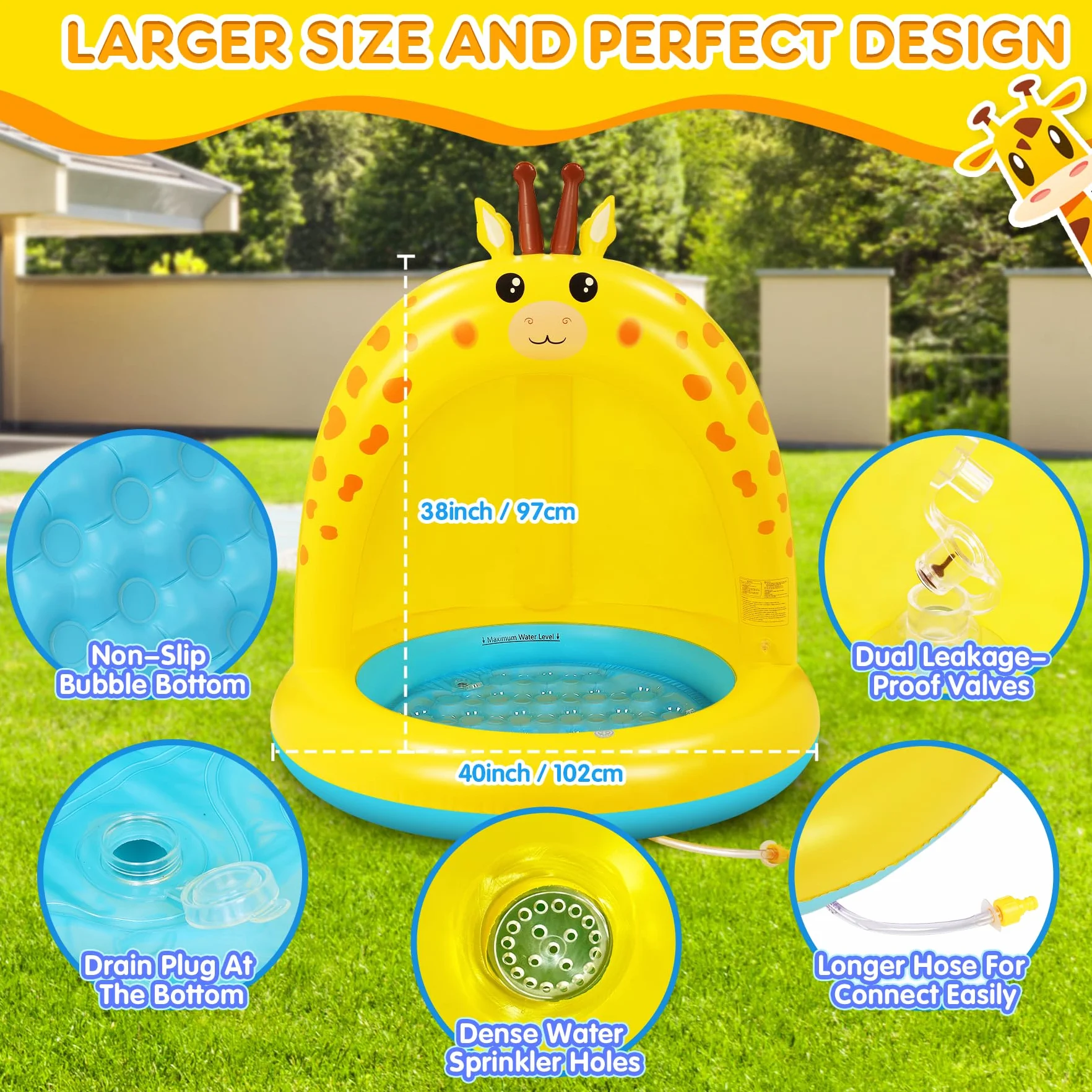 Lenbest Piscine Gonflable Enfant Girafe Pataugeoire Bébé avec Auvent Épaississant Fond à Bulles Extra Doux