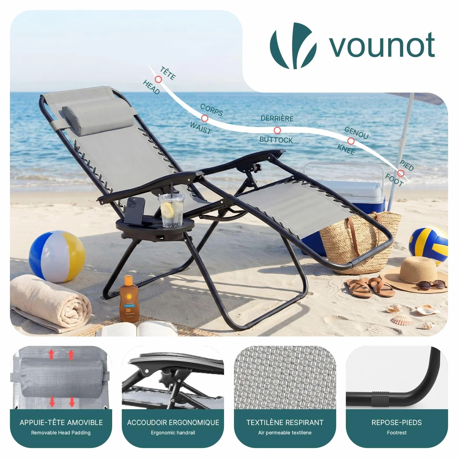 Chaise Longue Pliable Lot de 2 avec Support de Gobelet Amovible Rembourrage de Tête Charge Max 120KG Gris