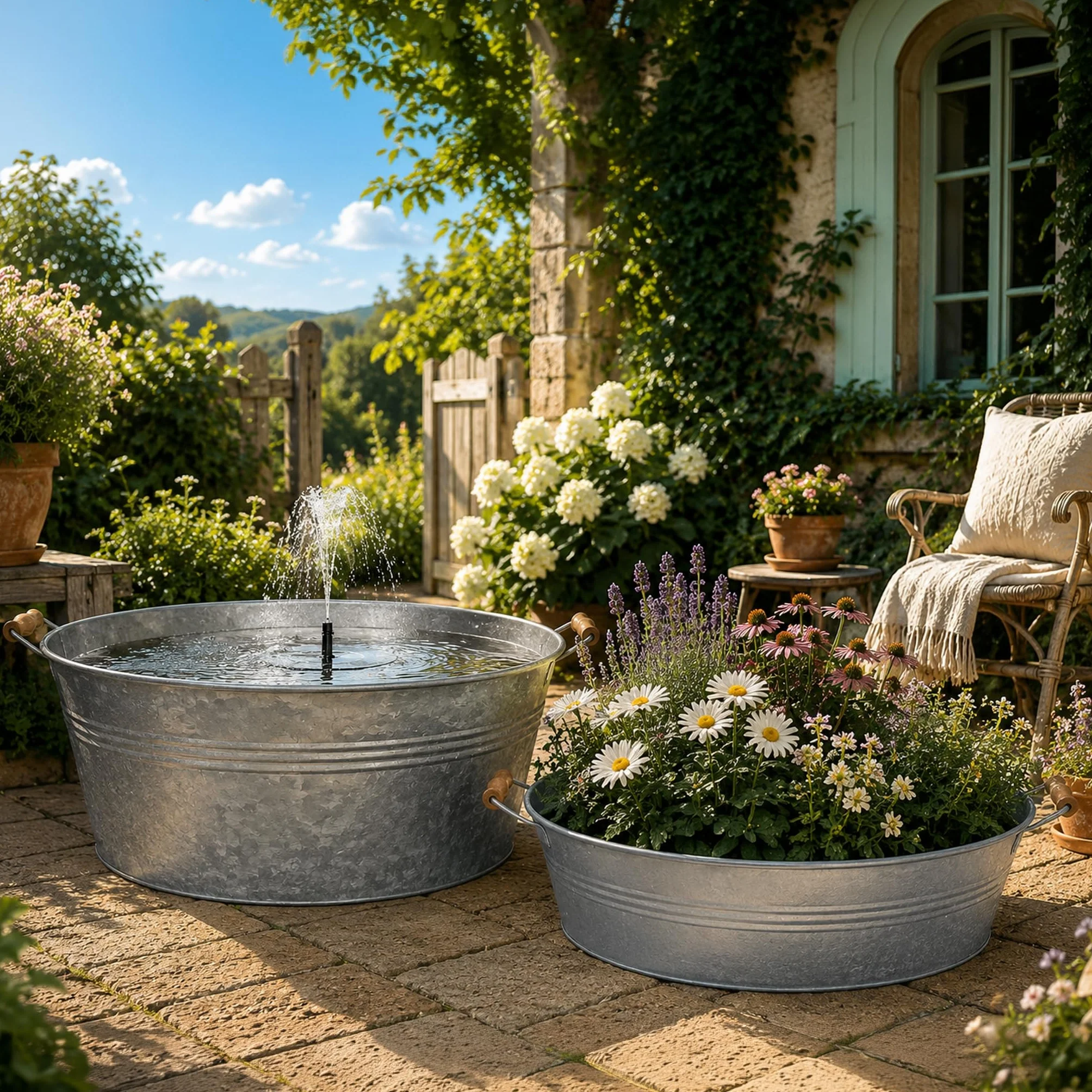 Grande cuvette en zinc avec poignées en bois 50 x 25 cm - Pot de fleurs résistant aux intempéries pour l'extérieur