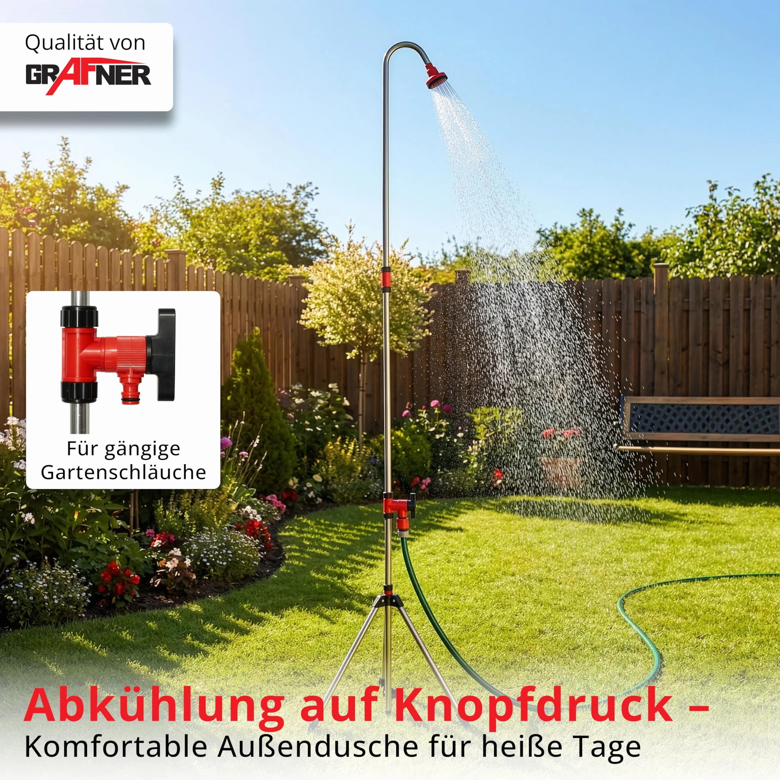 Grafner Douche de Jardin Aluminium Trépied Télescopique Hauteur Réglable 172-275 cm Jet Réglable