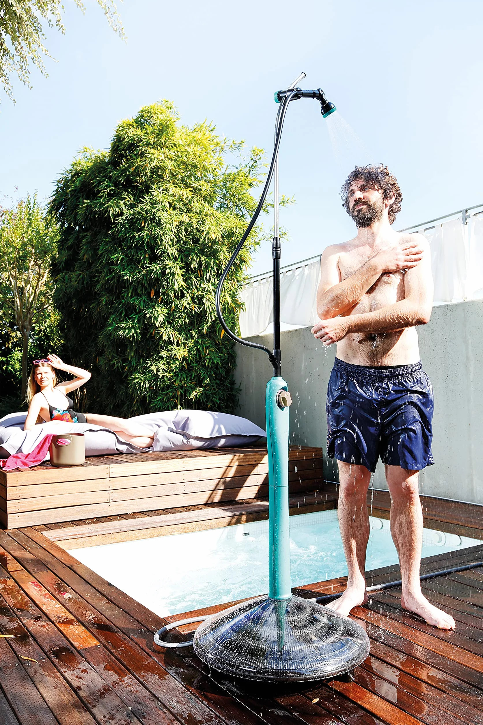 Douche Solaire Sunny Style Premium, Douche de Jardin, Piscine, Extérieur, Mélangeur Eau Chaude et Froide, Bleu