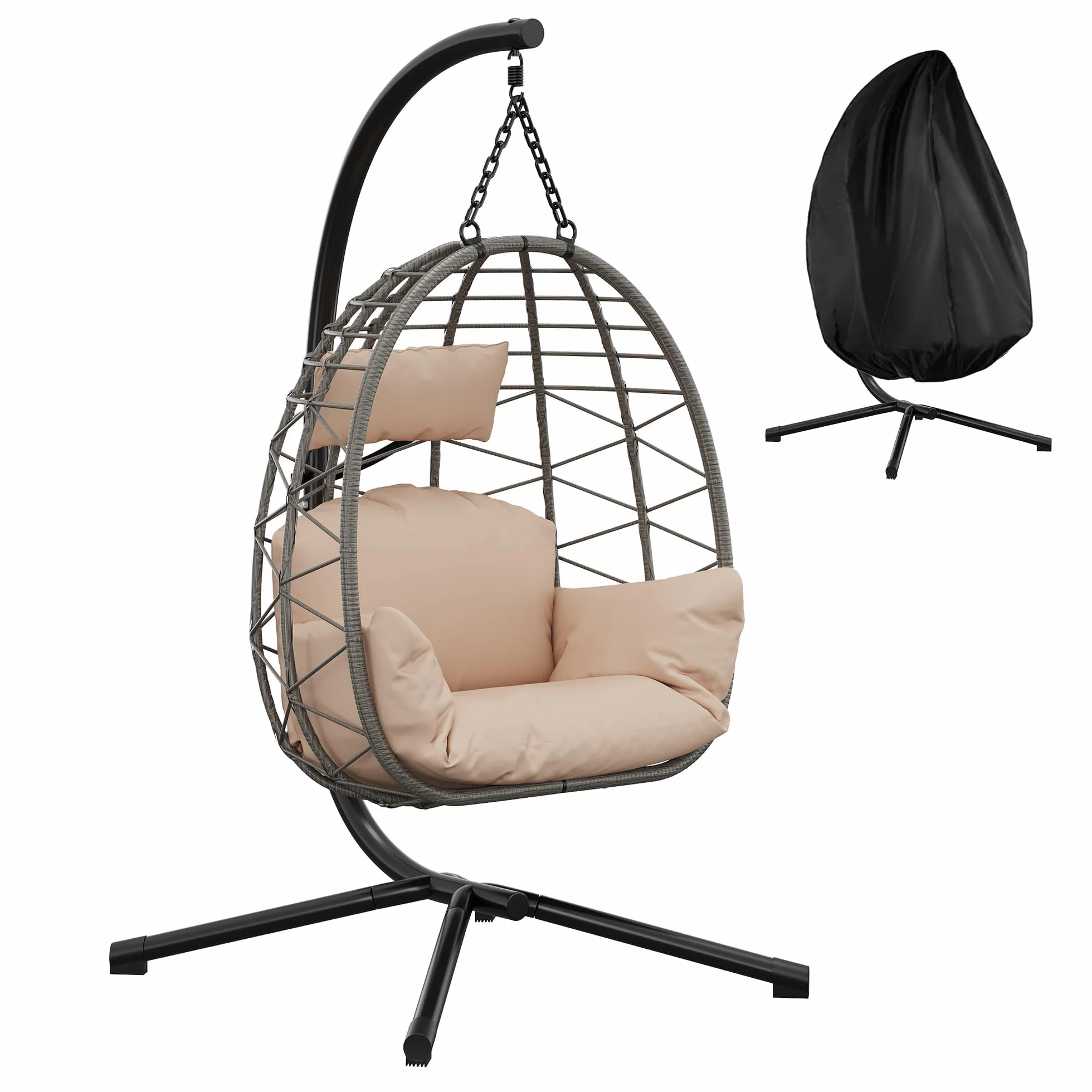 Garvee Fauteuil Suspendu Aria en Rotin Synthétique – Chaise Balancelle avec Coussin Épais, Hauteur Réglable, Beige