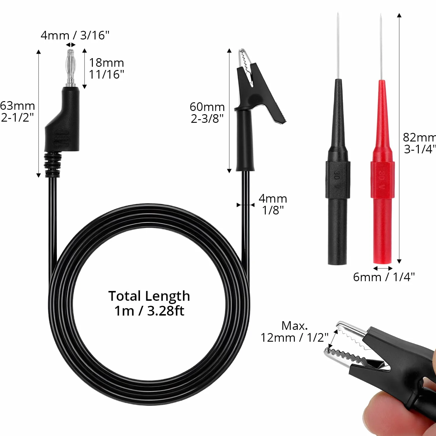 QWORK® Kit de fils de test multimètre, cordons de test à fiche banane de 1 m, cordons pour pinces crocodiles, aiguilles remplaçables
