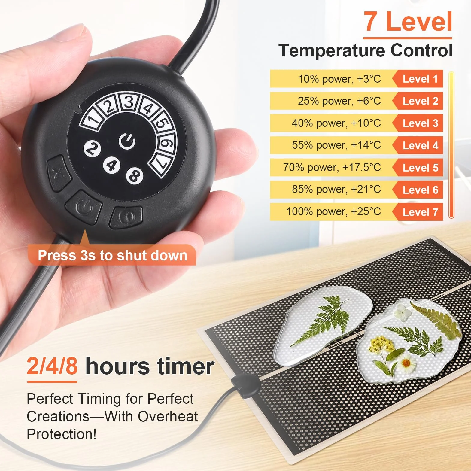 efuturetime Tapis Chauffant Résine 28×42 cm Minuterie 20W 7 Niveaux Température Réglables