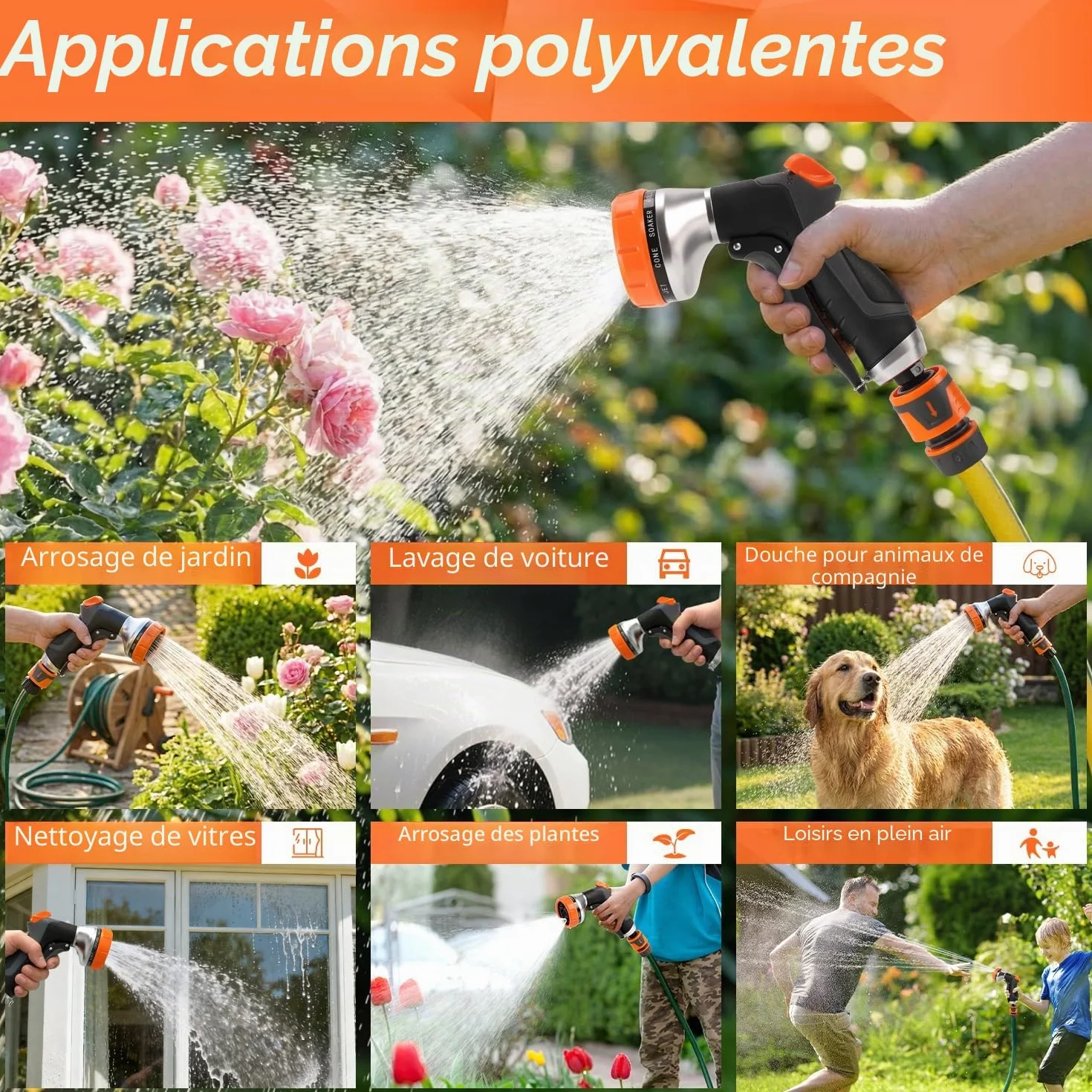 Hoofun Pistolet d'arrosage Haute Pression 10 Modes 2 Modes, Pulvérisateur Multifonctionnel pour Lavage Voiture Jardin Animaux Plantes