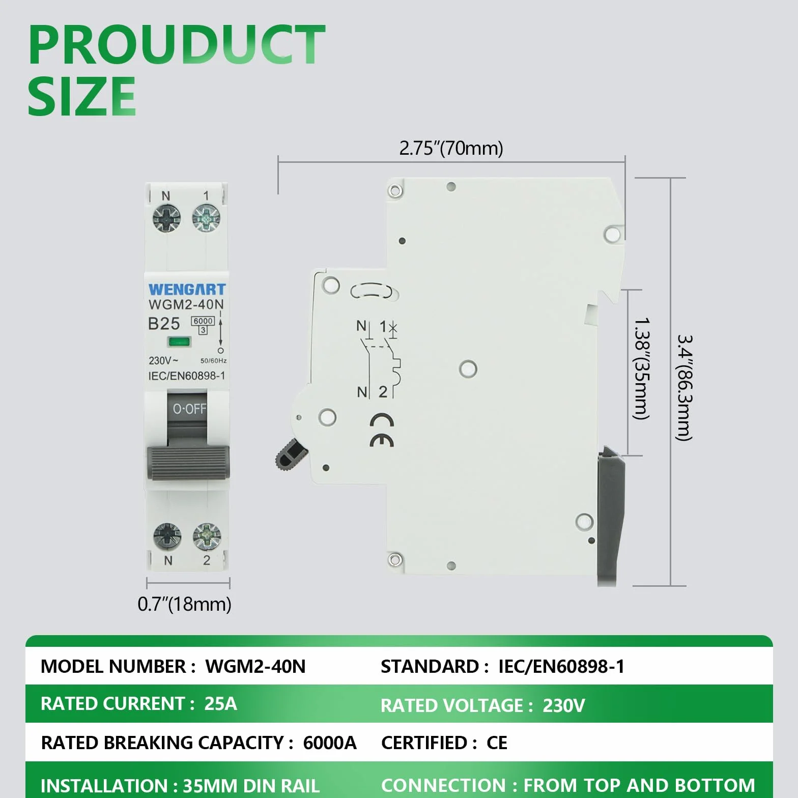 Wengart Disjoncteur miniature WGM2-40N, AC230V 25A 1P+N 6kA B-Char, Interrupteur de sécurité électrique pour usage domestique/industriel