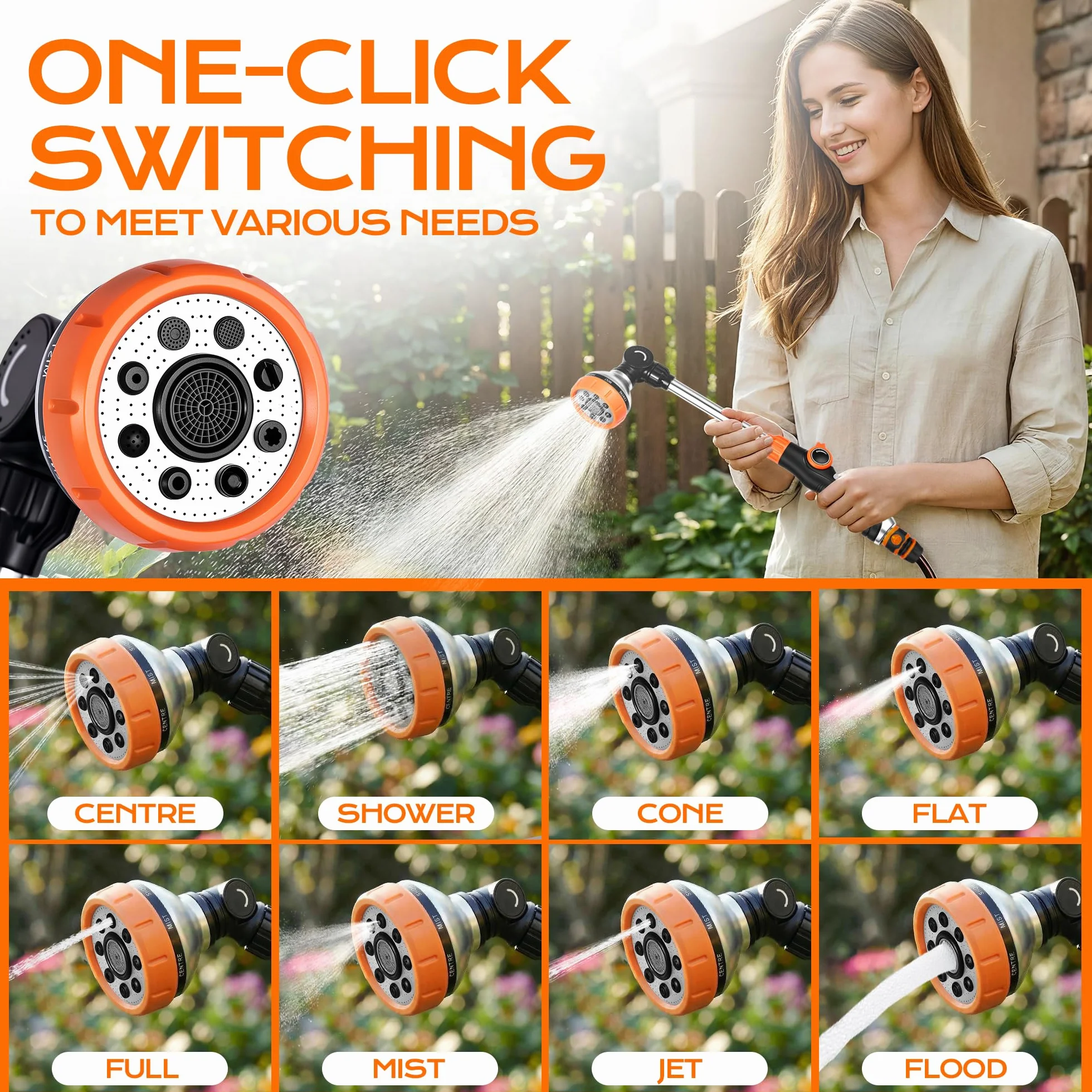 Pistolet Arrosage Jardin 47cm 8 Modes Ajustables Pommeau Pivotant 180° Anti-Fuite
