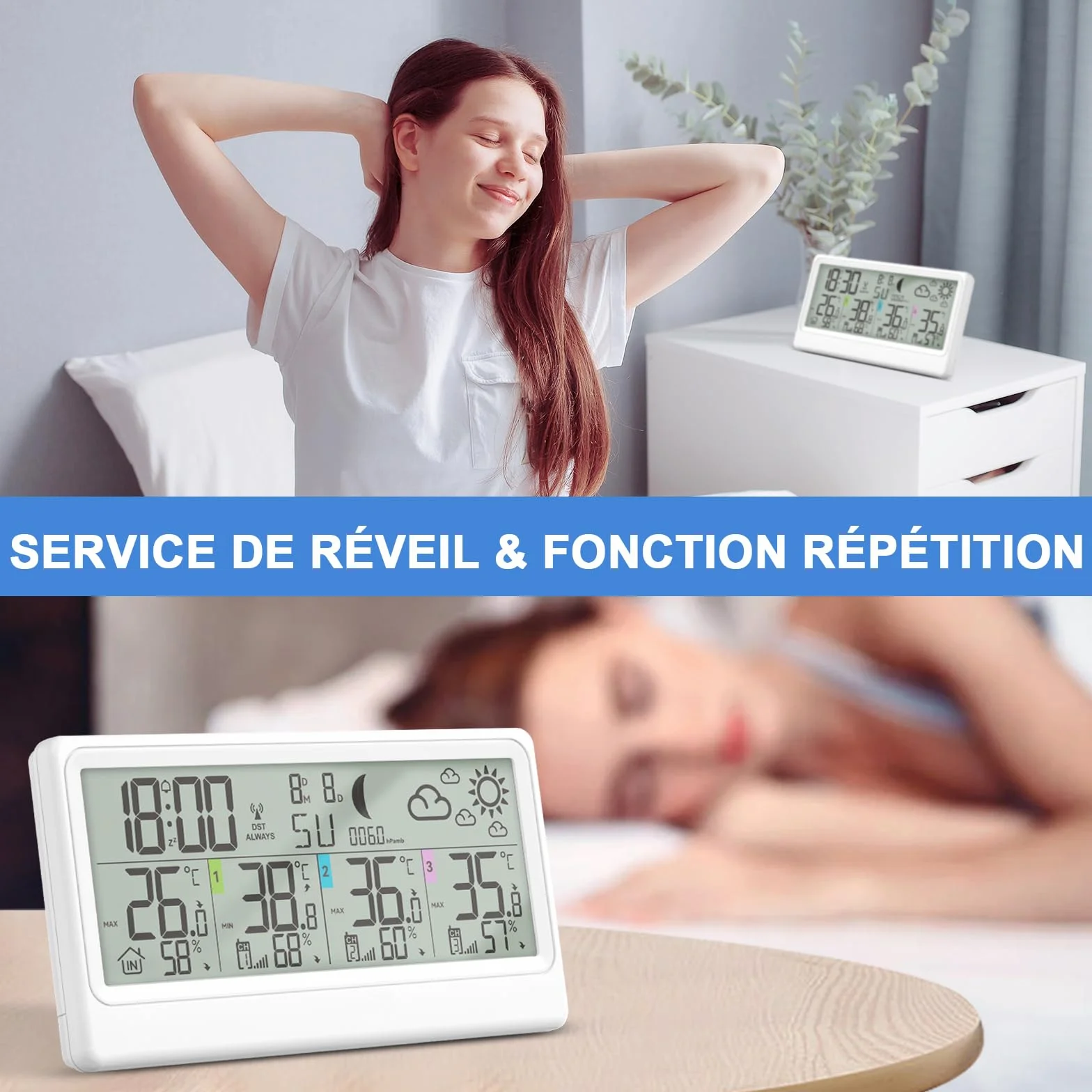 Station Météo Sans Fil 3 Capteurs Intérieur Extérieur Thermomètre Hygromètre Baromètre Écran LED 8,5" Prévisions Horloge Alarme Snooze