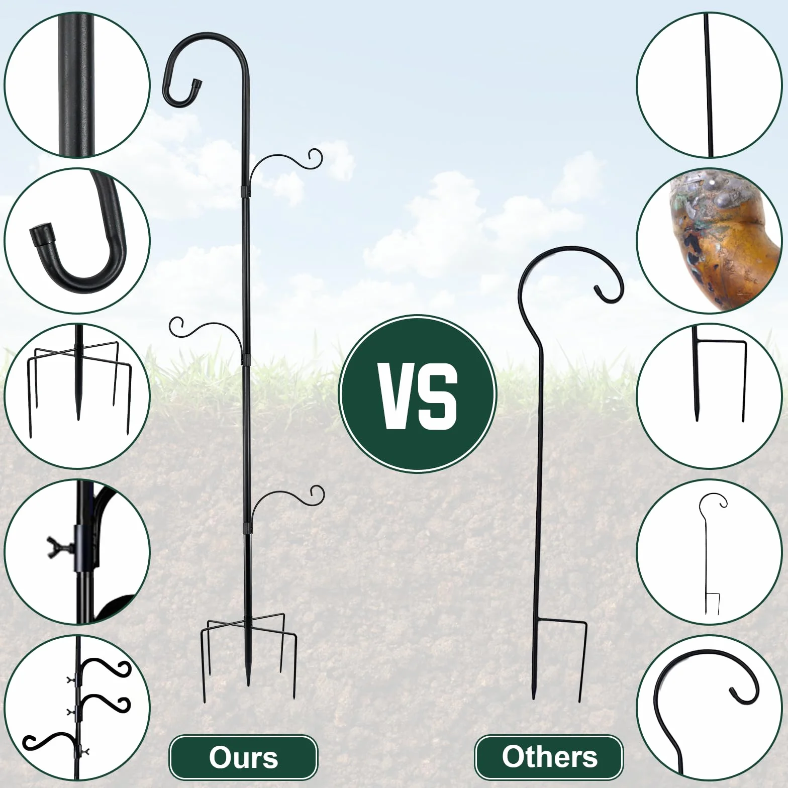 Support Mangeoire Oiseaux Métallique 193 cm 3 Crochets pour Extérieur Jardin