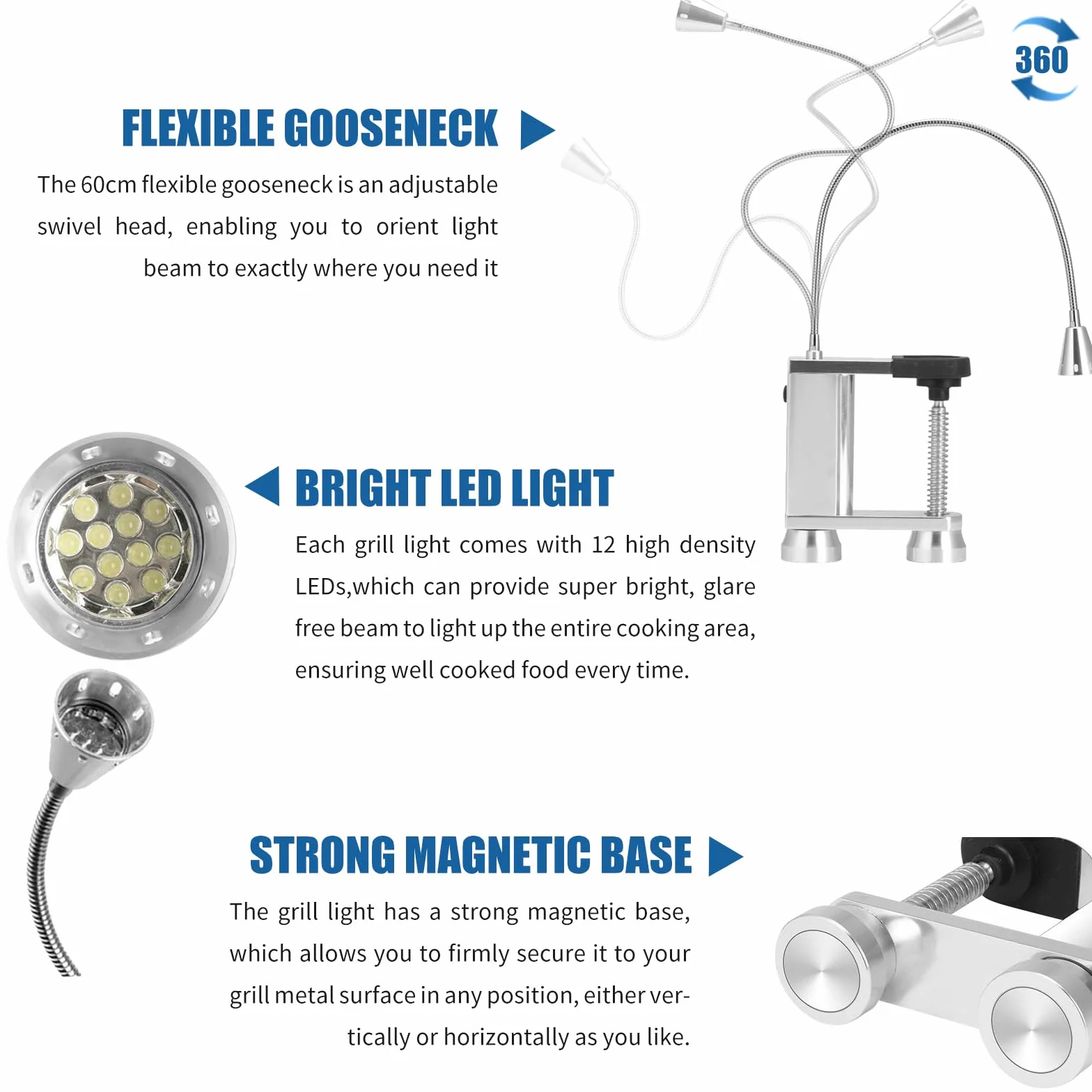 Lampe Magnétique pour Barbecue 12 LED Super Lumineuses avec Col de Cygne Flexible - Alimentation par Piles