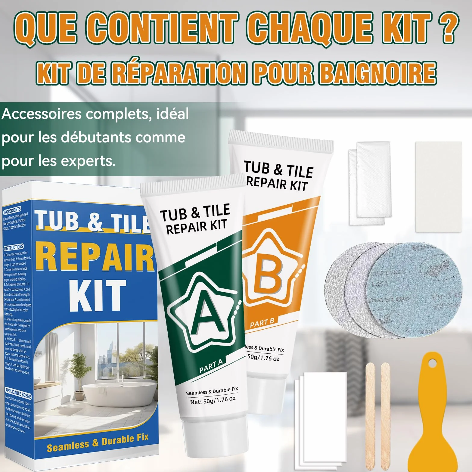 Kit Reparation Carrelage, Réparation Carrelages en fibre de verre pour la réparations des éclats, fissures, rayures et trous sur le carrelag, la porcelaine, la céramique et l'émail de baignoire