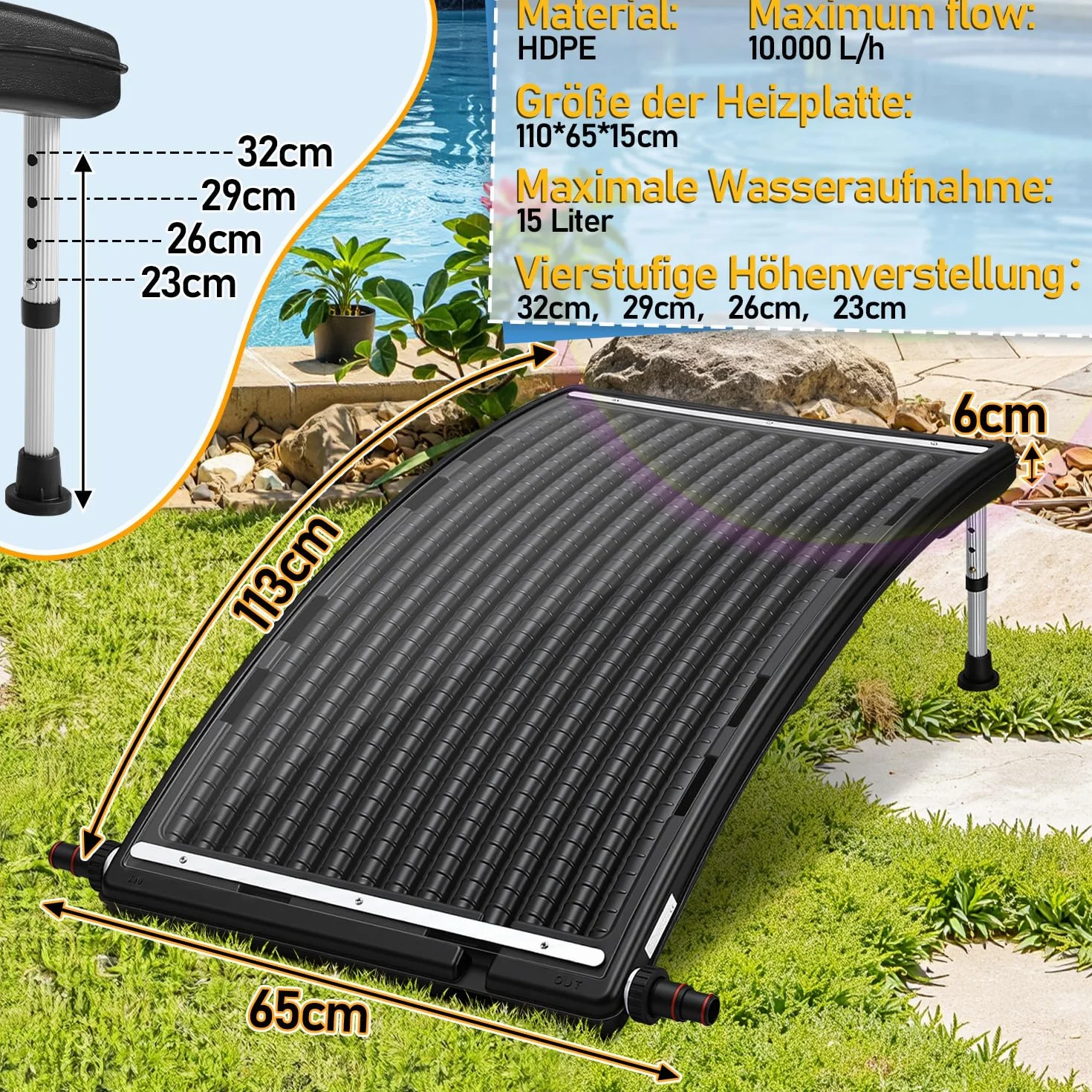 Chauffage solaire pour piscine 10000 L/H, Collecteur solaire 110x65x35 cm réglable