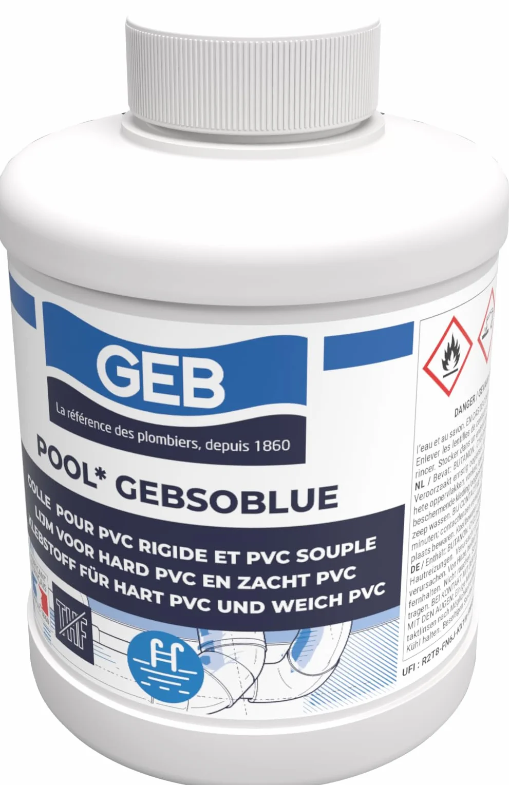 GEB Colle PVC spécial piscine jaccuzzi irrigation Gebsoblue 500ml pour assembler canalisations et raccords en PVC. Sans THF