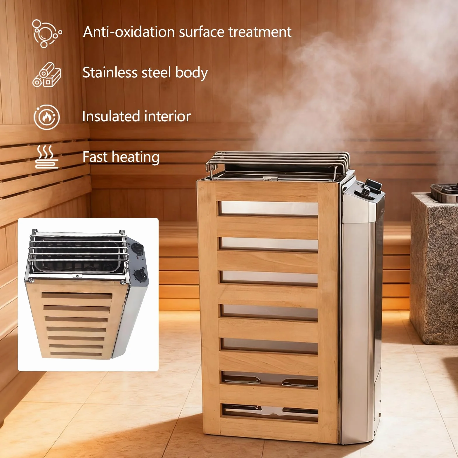 Poêle Sauna électrique Portable 3,6 Kw En Acier Inoxydable Avec Commandes Internes Pour L'Intérieur Et L'extérieur Avec Minuterie 3 Heures Et Contrôleur Numérique Pour 3 à 6 M³ Accessoires Sauna