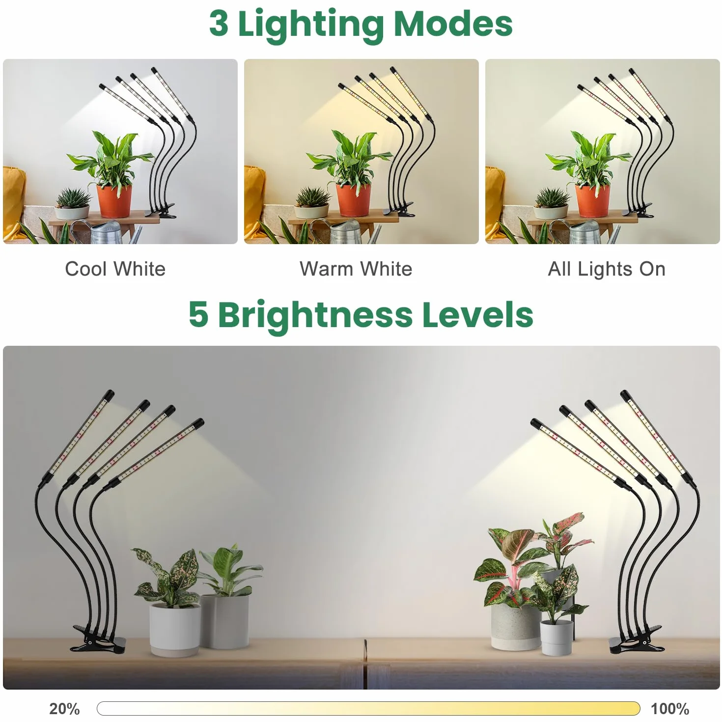 Garpsen Lampe pour plantes 80 LEDs Lampe de culture 4 têtes spectre complet avec minuterie Auto ON Off 4/8/12H 3 modes 10 niveaux luminosité