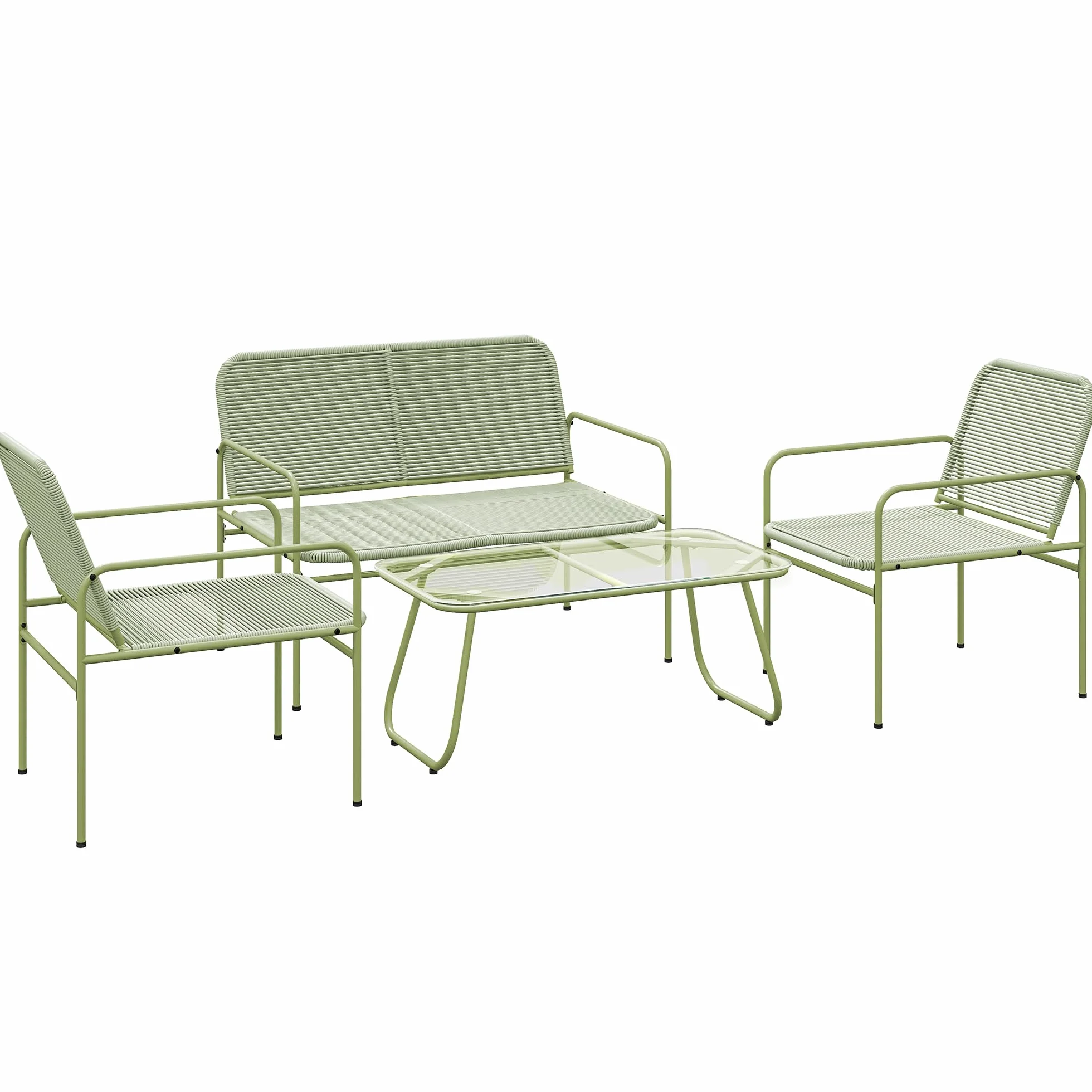 Outsunny Salon de Jardin extérieur résine tressée 4 Places canapé 2 fauteuils Table Verre trempé Acier Vert