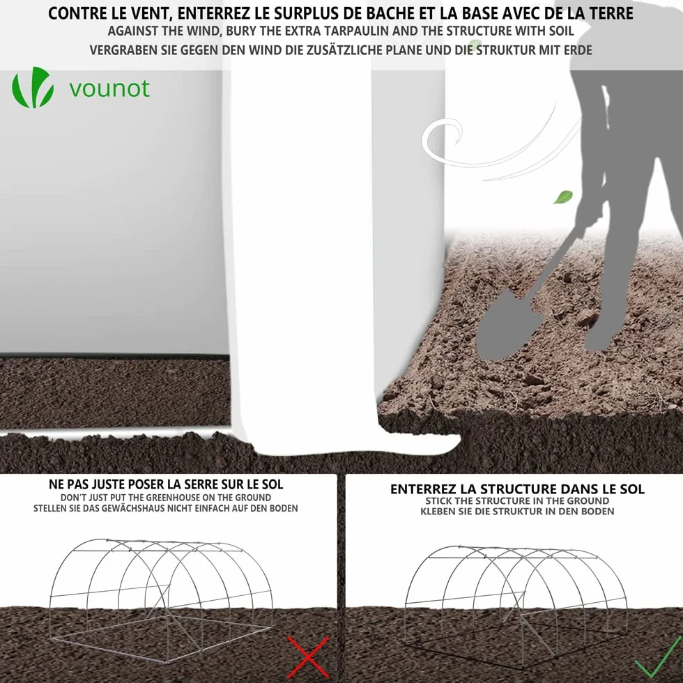 VOUNOT Serre de Jardin Tunnel 300x400x200cm Acier Galvanisé PE Haute densité 140 g/m² 12m2 Anti-UV Zip Enroulables