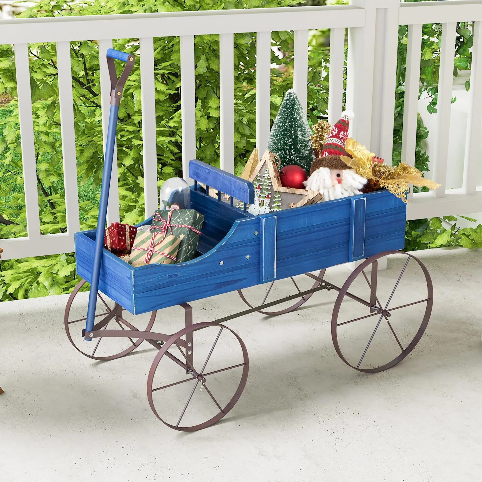 Jardinière Forme Brouette GOPLUS en Bois avec Roues Métal 4 Roues 2 Bacs Plantation 15kg 35x62,5x60cm Bleu