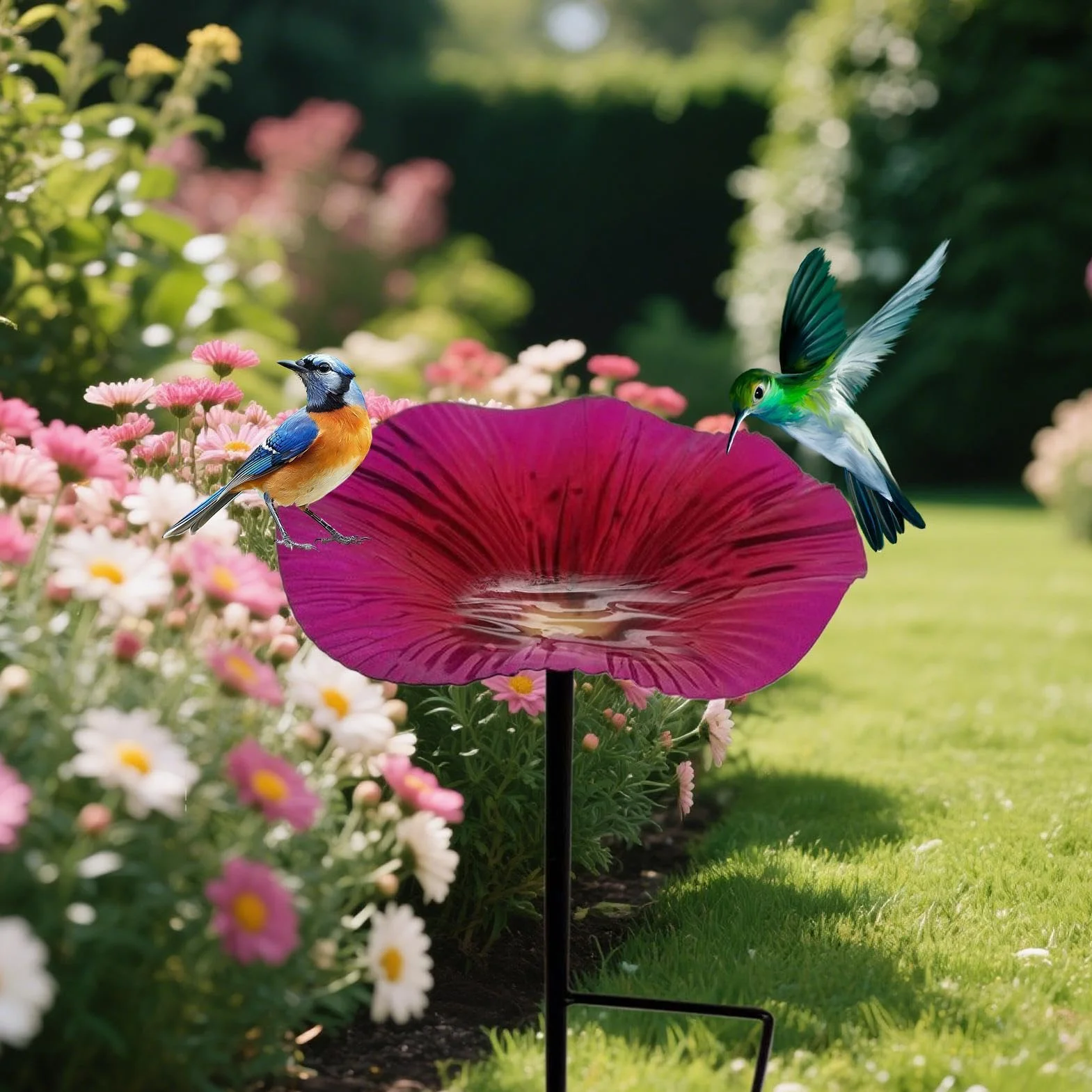 Bain d'oiseaux en fer en forme de fleur pour extérieur sur pied