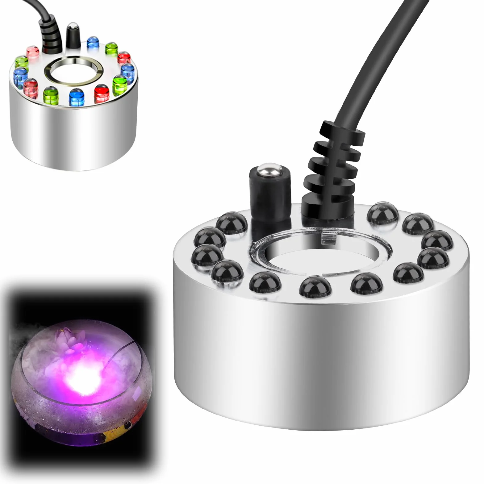 Brumisateur à Ultrasons 12 LED Colorées Mini Machine à Brouillard Métal Humidificateur d'air pour Fontaine Étang